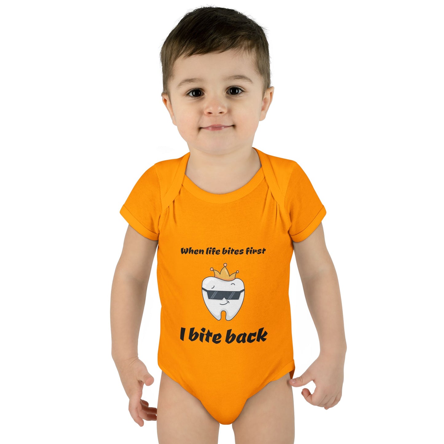 Bite Back Unisex |Personalizable Inner Neck Label Baby Onesie for newborn to 24 mo, 3-Snap Closure for Shower Gift, Victoria & Co Design
