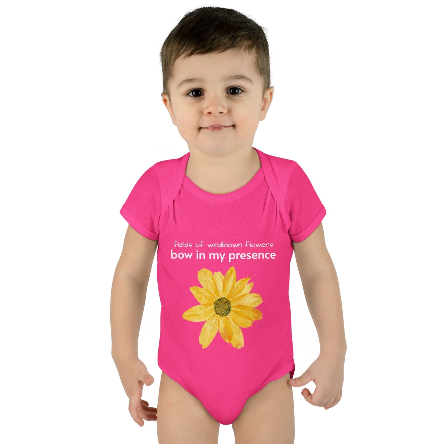 Personalizable Inner Neck Label "Bow In My Presence" Baby Bodysuit with Sunflower adornment by Victoria & Co.