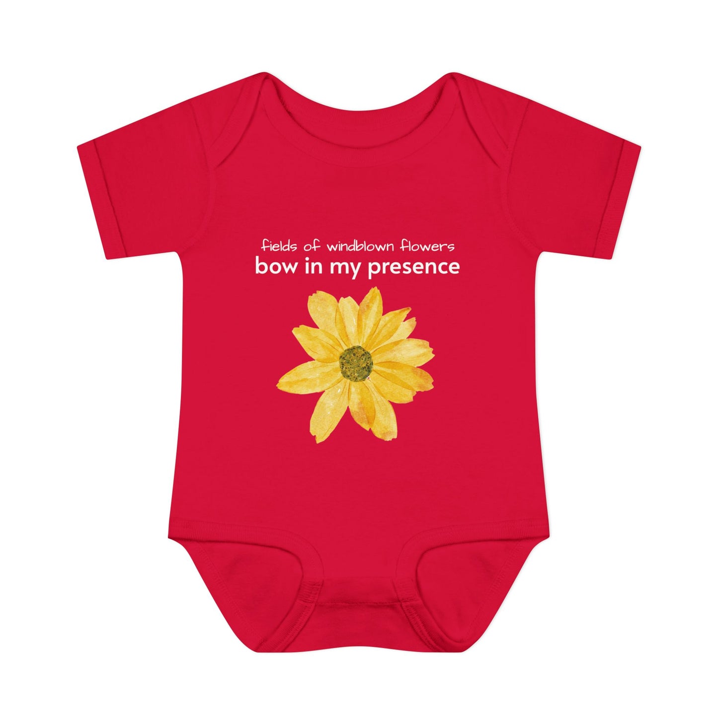 Personalizable Inner Neck Label "Bow In My Presence" Baby Bodysuit with Sunflower adornment by Victoria & Co.