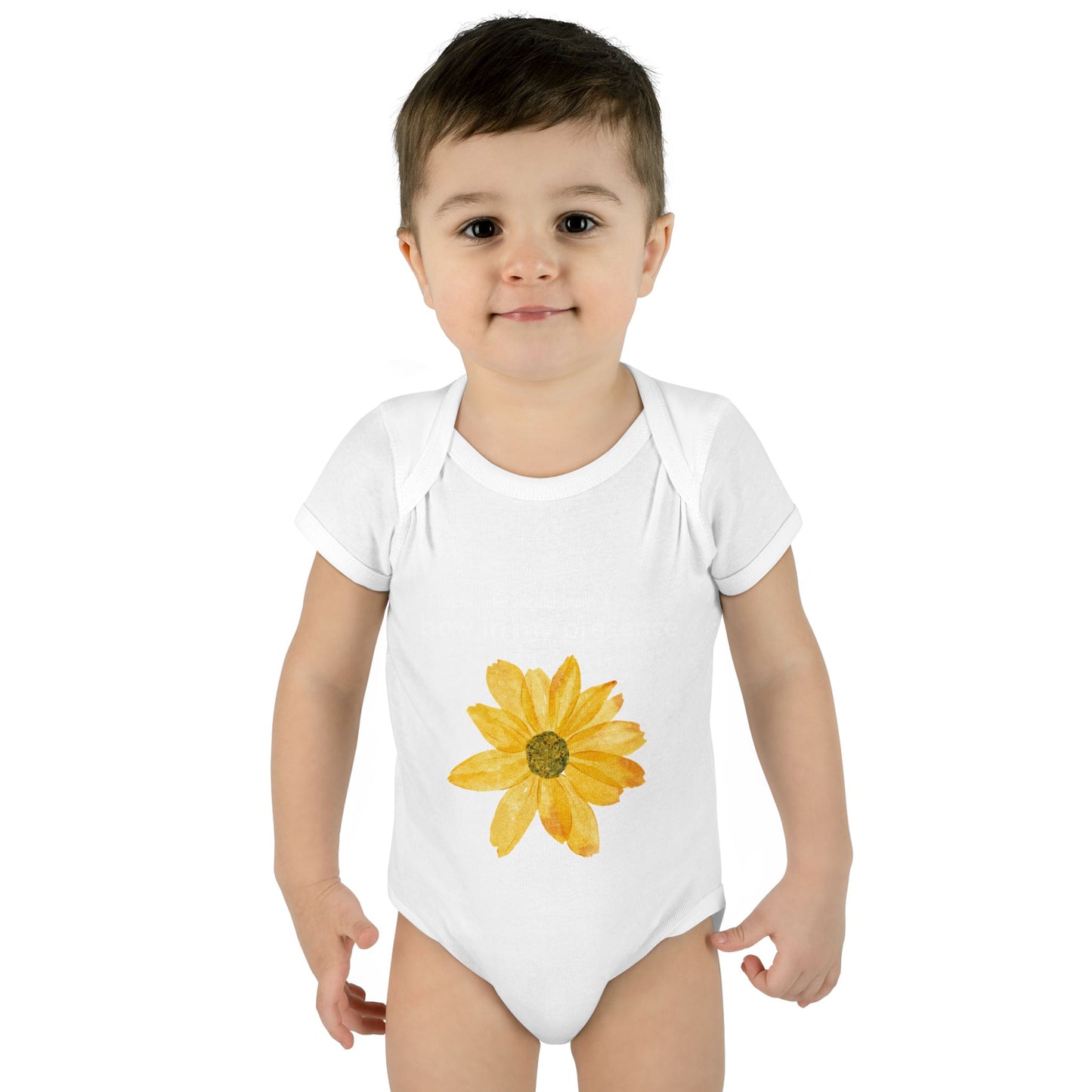 Personalizable Inner Neck Label "Bow In My Presence" Baby Bodysuit with Sunflower adornment by Victoria & Co.