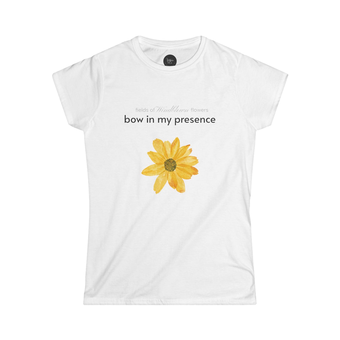 Women's Sassy Bow In My Presence Softstyle Tee adorned with a sunflower by Victoria & Co.