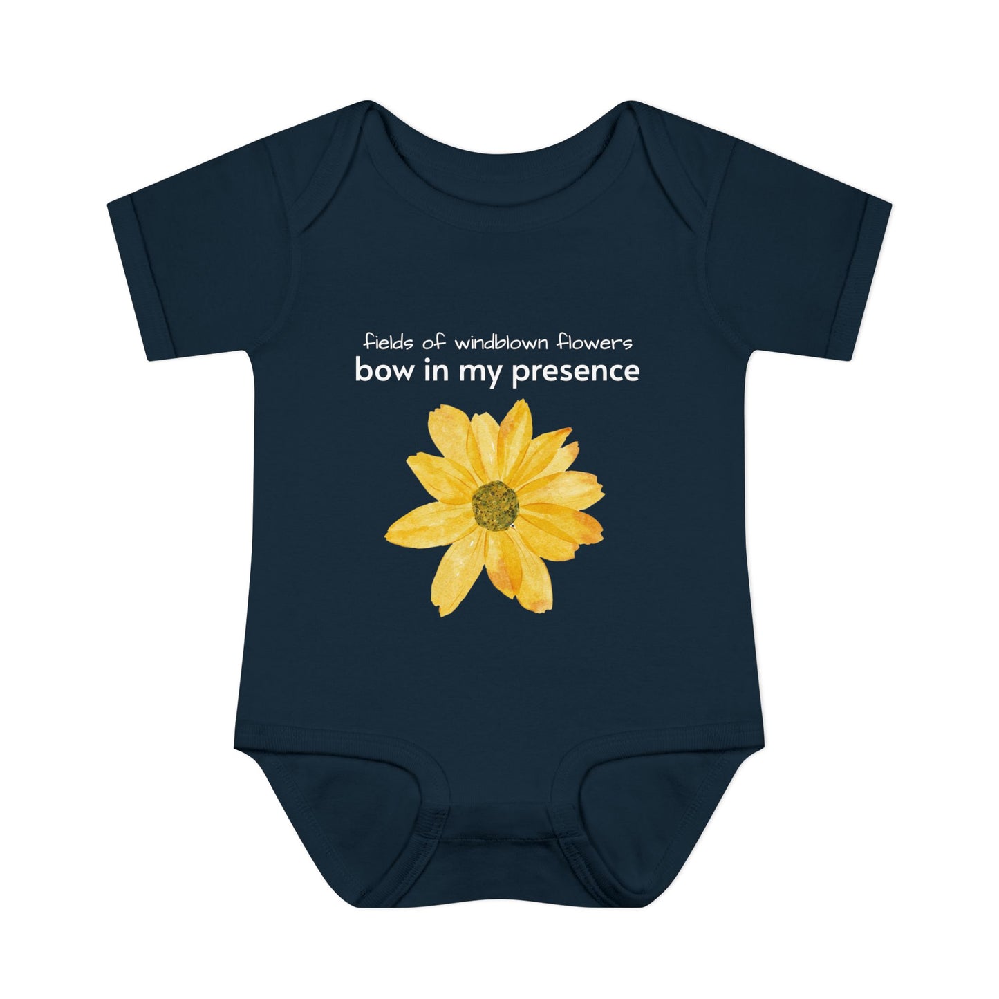 Personalizable Inner Neck Label "Bow In My Presence" Baby Bodysuit with Sunflower adornment by Victoria & Co.