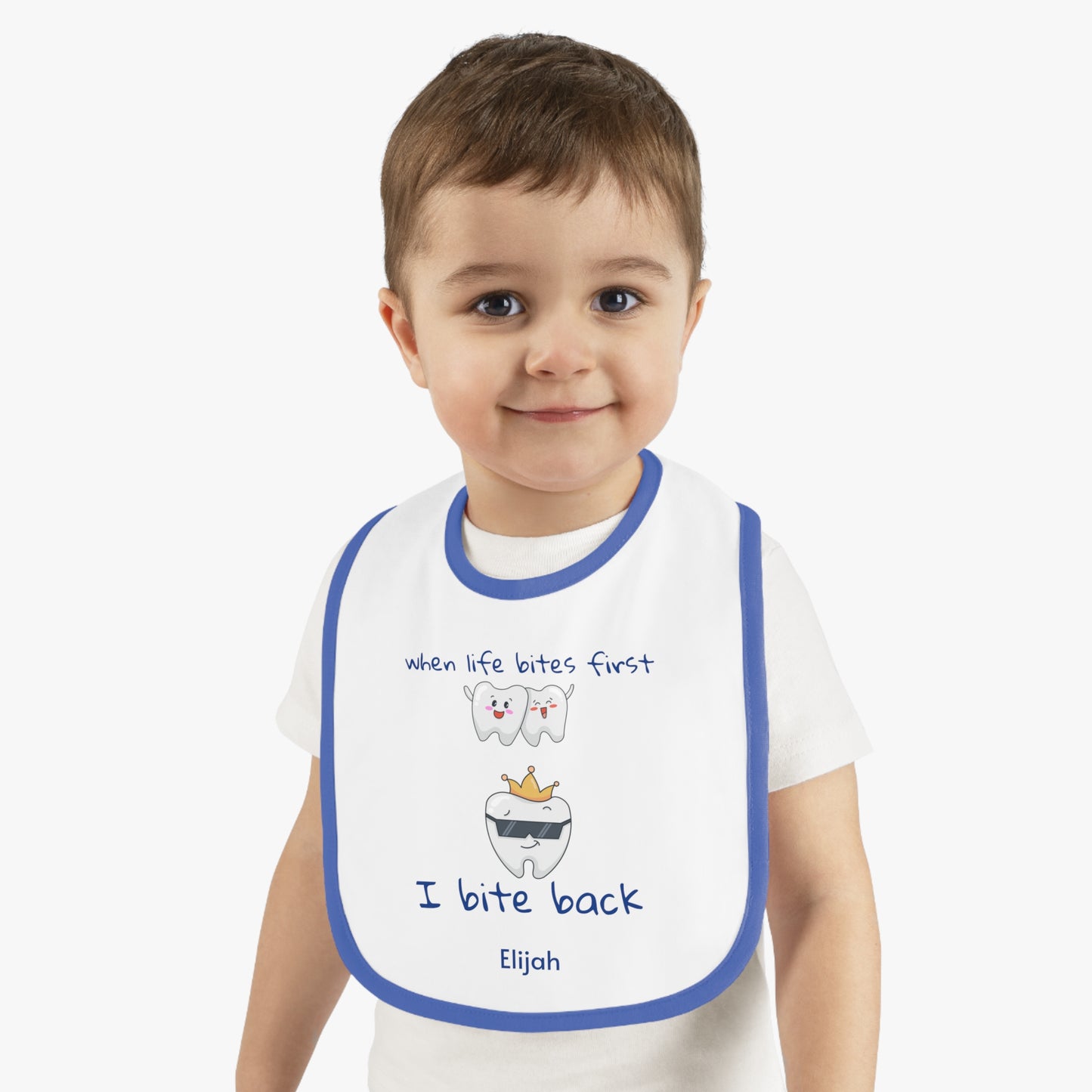 Personalizable Bite-Back Baby Bib, Contrast Trim, Velcro Closure, Soft Cotton, Mealtime Essential, Baby Shower Gift, Infant