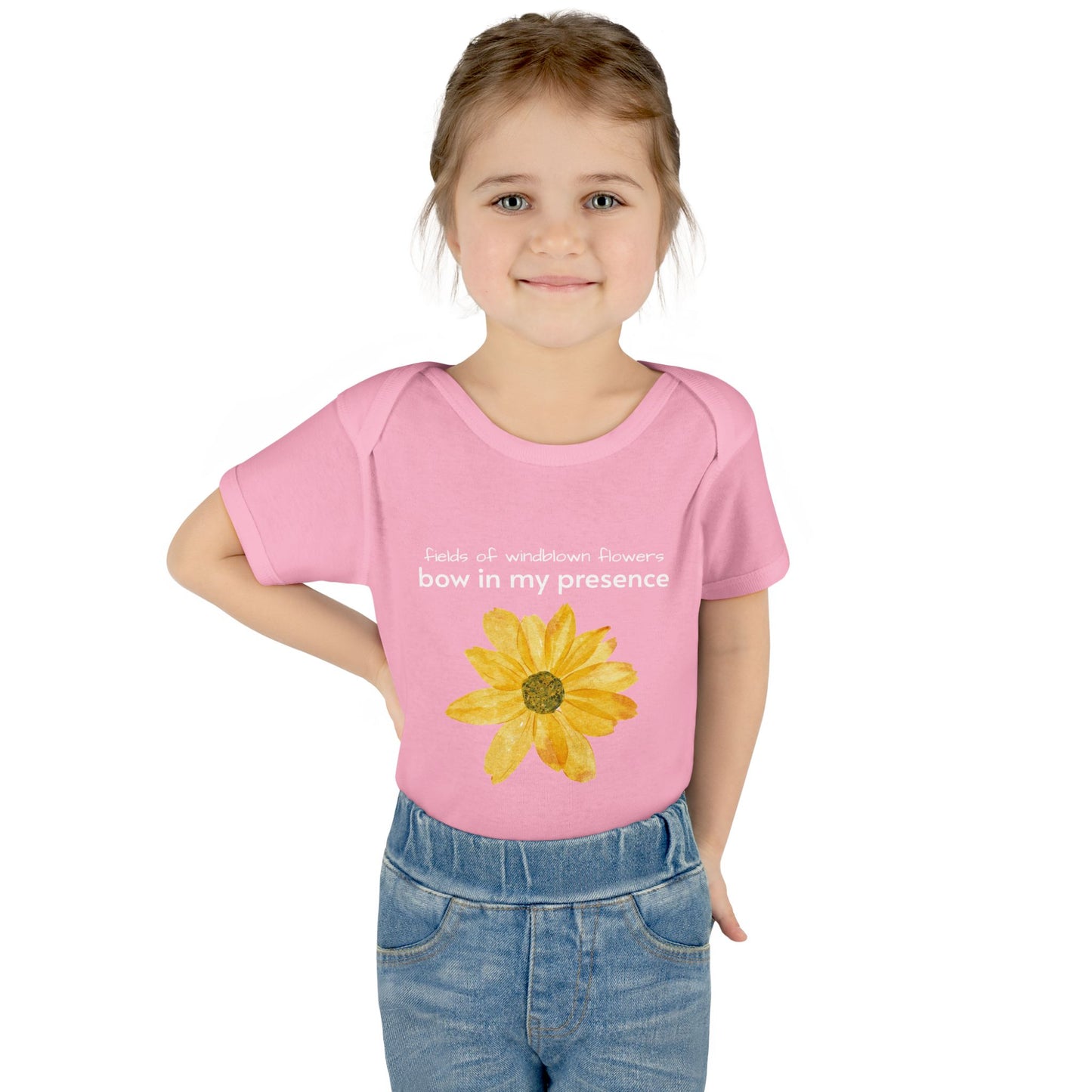 Personalizable Inner Neck Label "Bow In My Presence" Baby Bodysuit with Sunflower adornment by Victoria & Co.