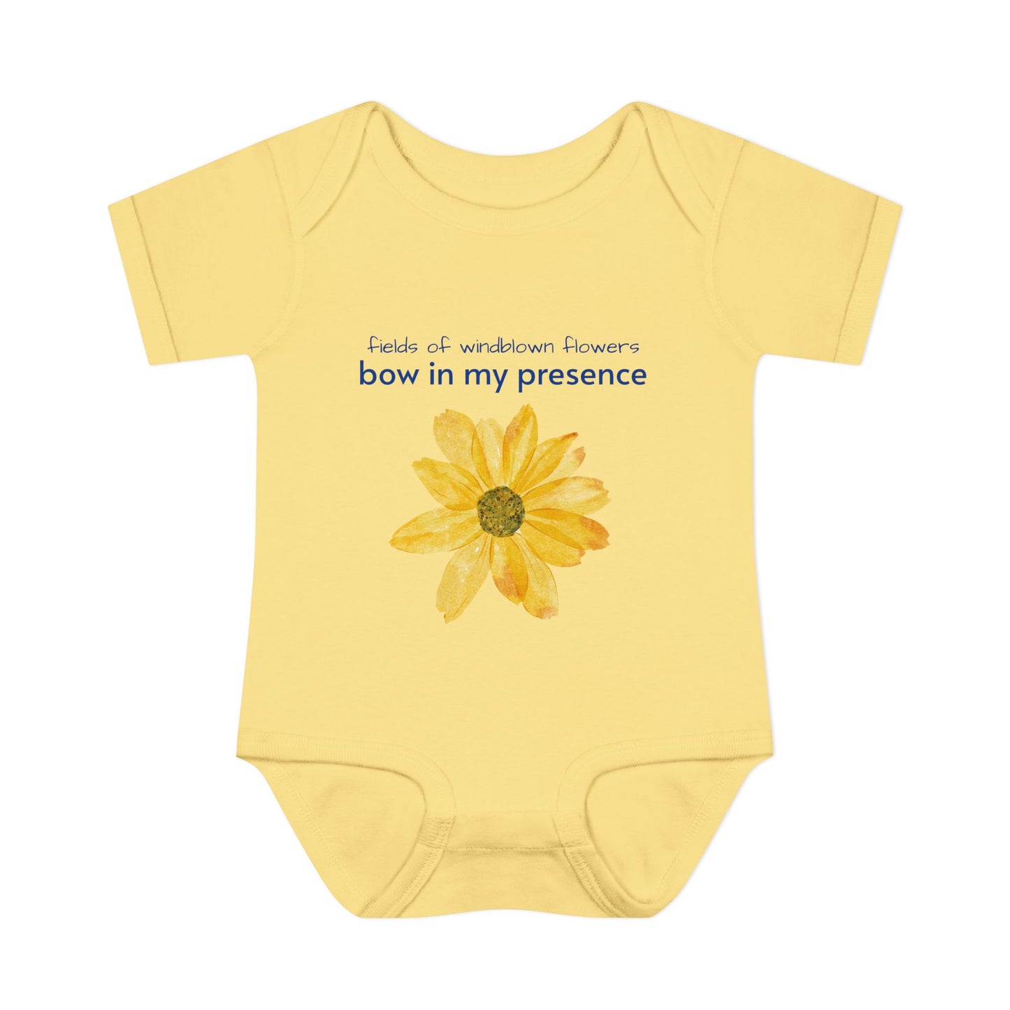 Personalizable Inner Neck Label "Bow In My Presence" Baby Bodysuit with Sunflower adornment by Victoria & Co.