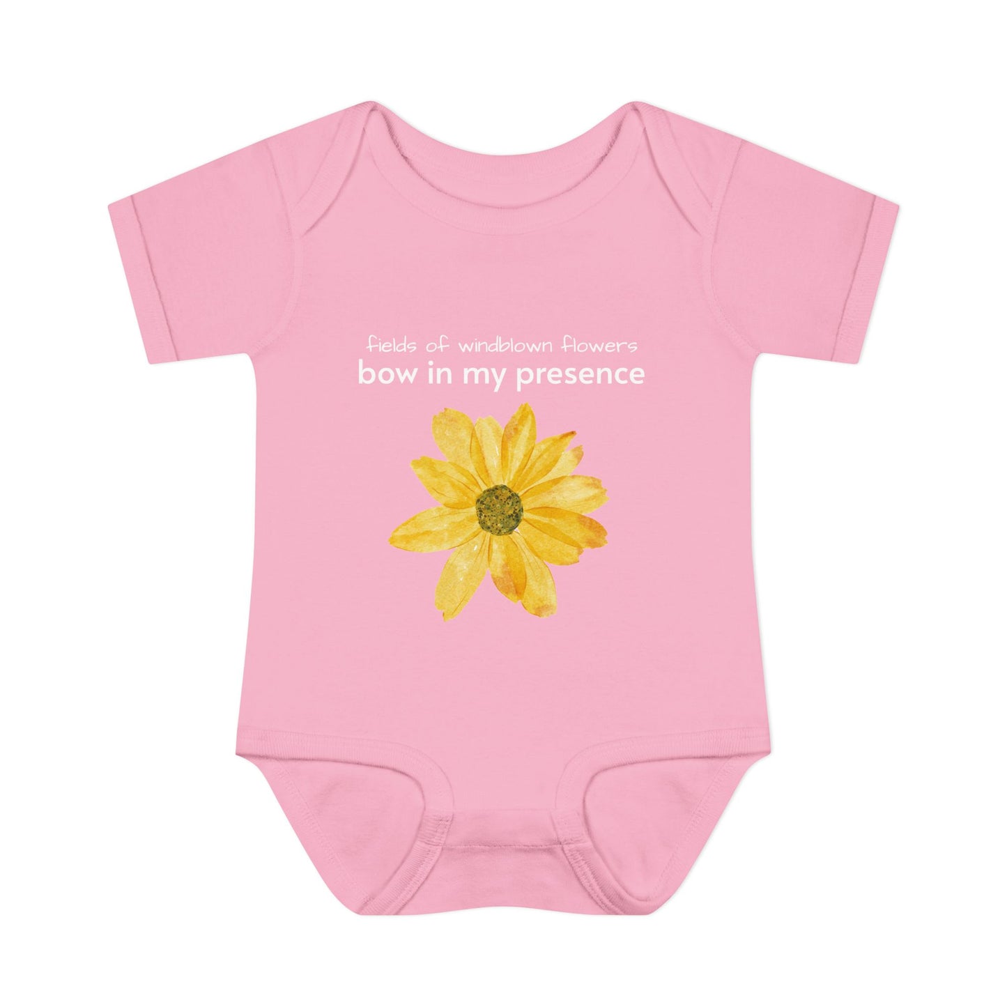 Personalizable Inner Neck Label "Bow In My Presence" Baby Bodysuit with Sunflower adornment by Victoria & Co.