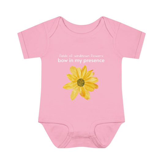 Personalizable Inner Neck Label "Bow In My Presence" Baby Bodysuit with Sunflower adornment by Victoria & Co.