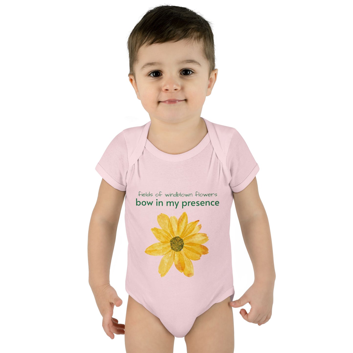 Personalizable Inner Neck Label "Bow In My Presence" Baby Bodysuit with Sunflower adornment by Victoria & Co.