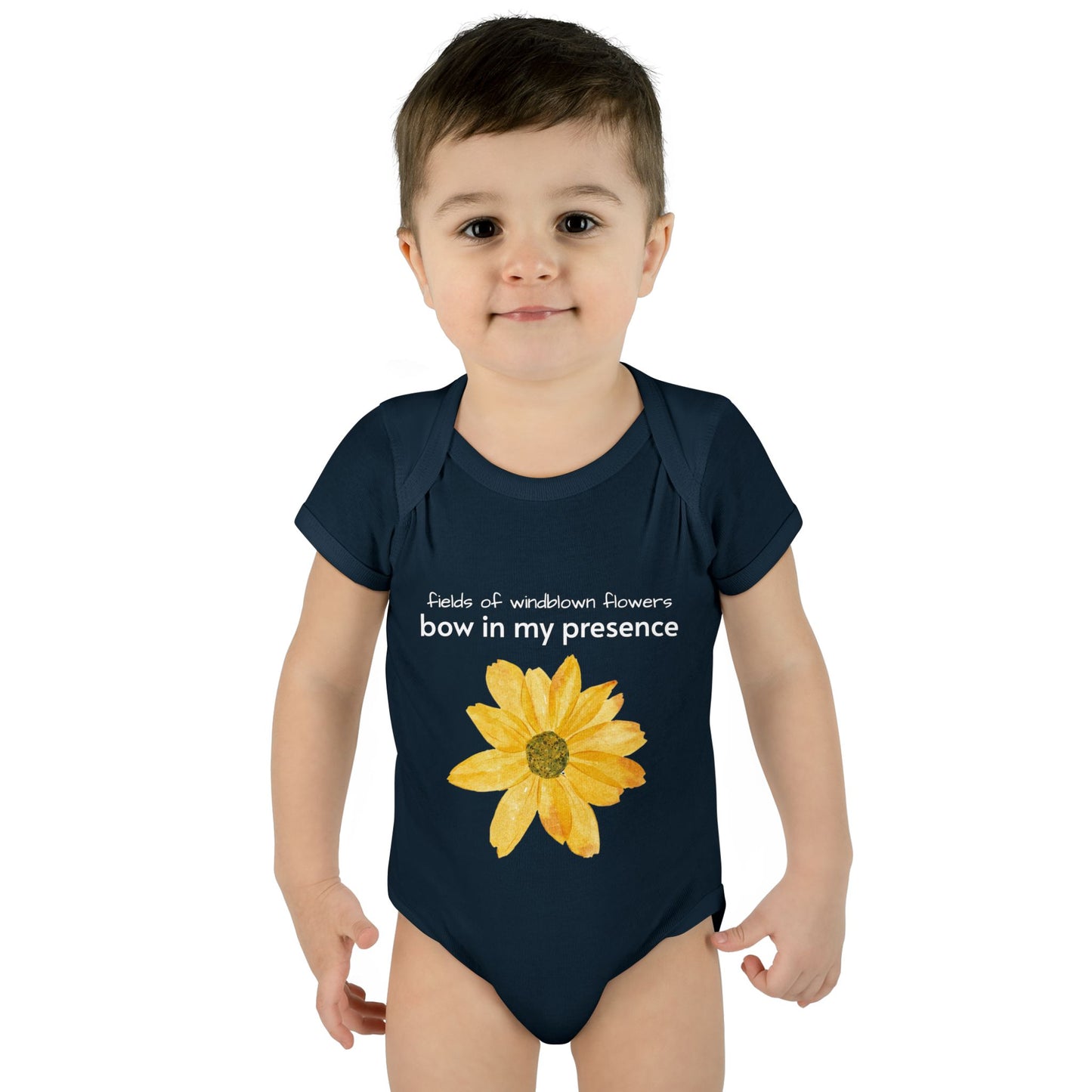 Personalizable Inner Neck Label "Bow In My Presence" Baby Bodysuit with Sunflower adornment by Victoria & Co.