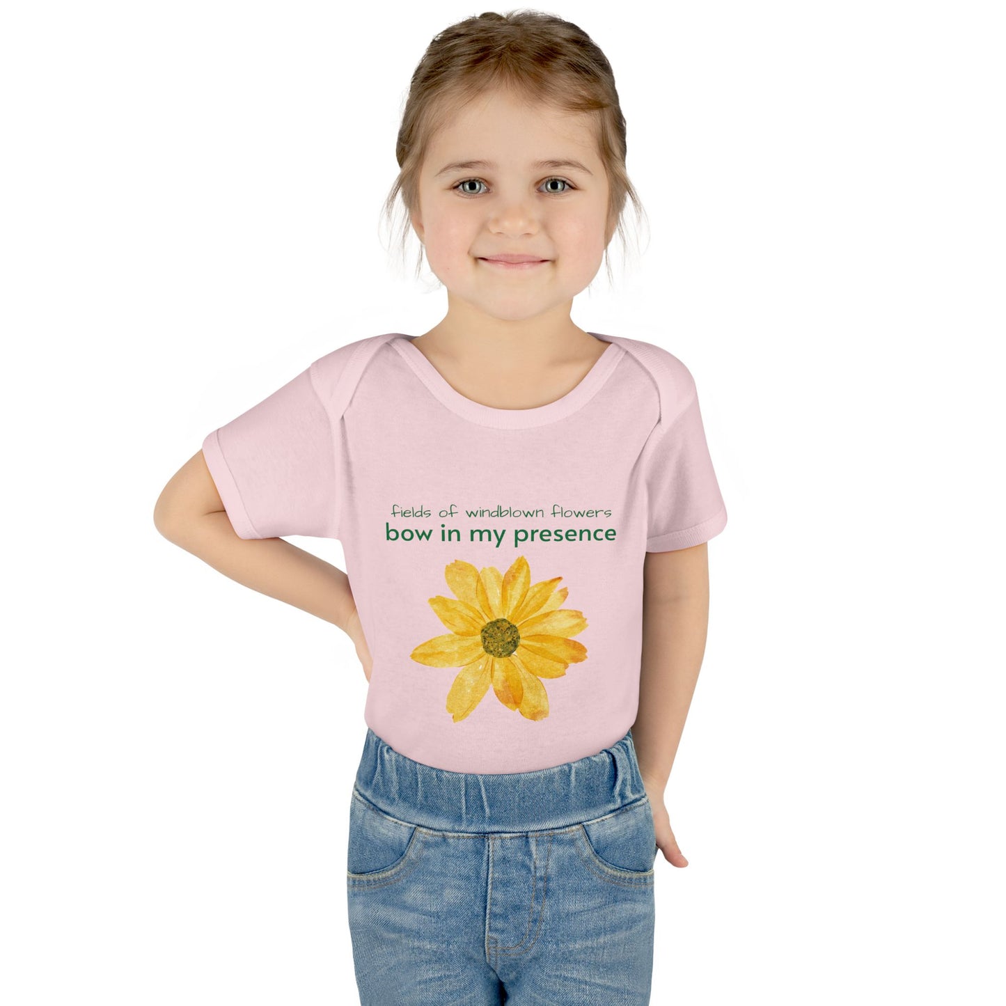 Personalizable Inner Neck Label "Bow In My Presence" Baby Bodysuit with Sunflower adornment by Victoria & Co.
