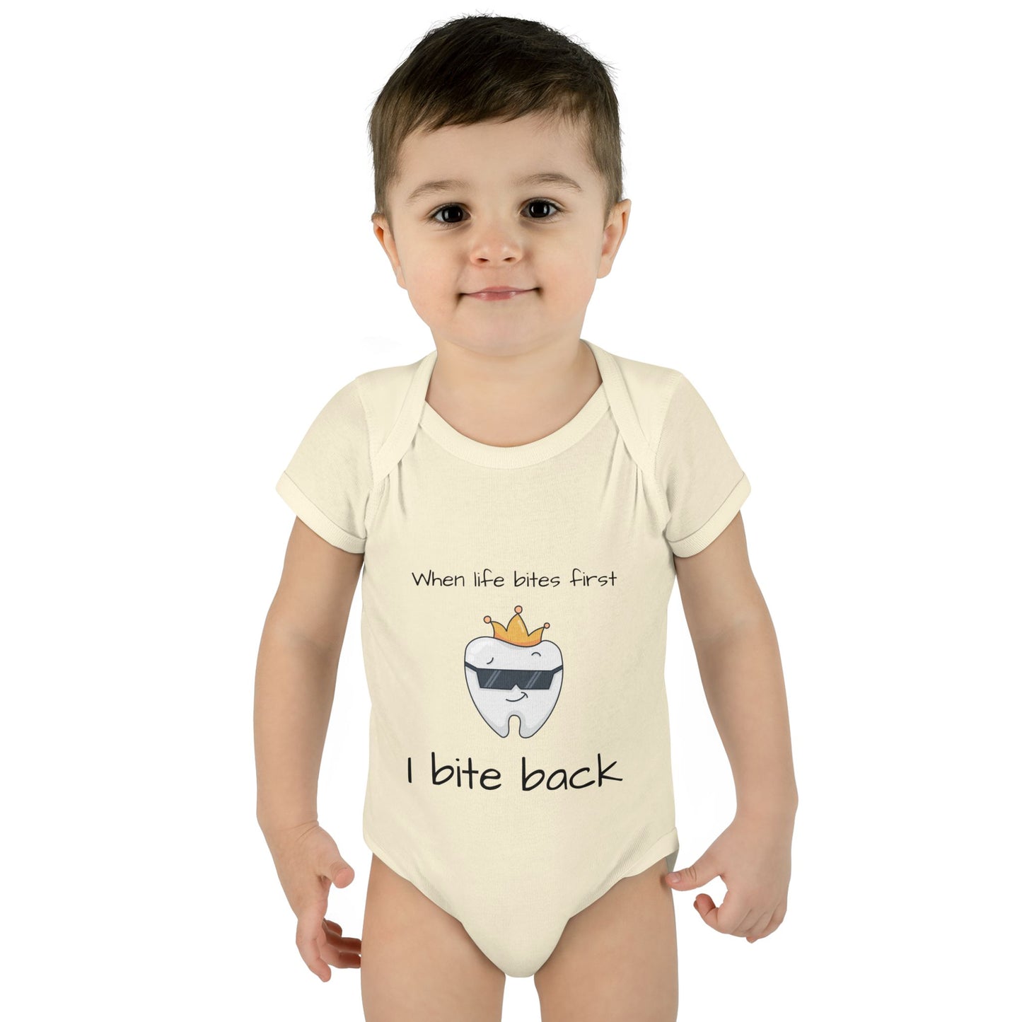 Bite Back Unisex |Personalizable Inner Neck Label Baby Onesie for newborn to 24 mo, 3-Snap Closure for Shower Gift, Victoria & Co Design