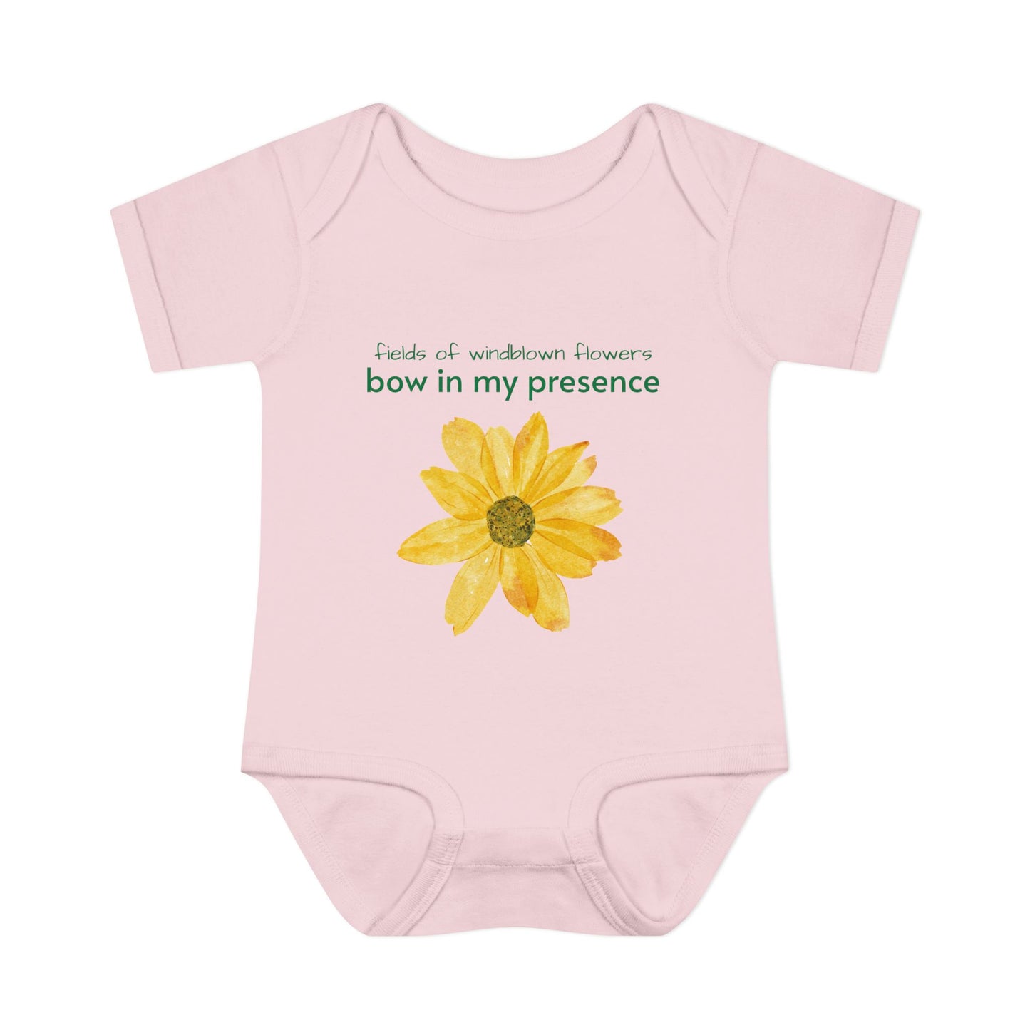 Personalizable Inner Neck Label "Bow In My Presence" Baby Bodysuit with Sunflower adornment by Victoria & Co.