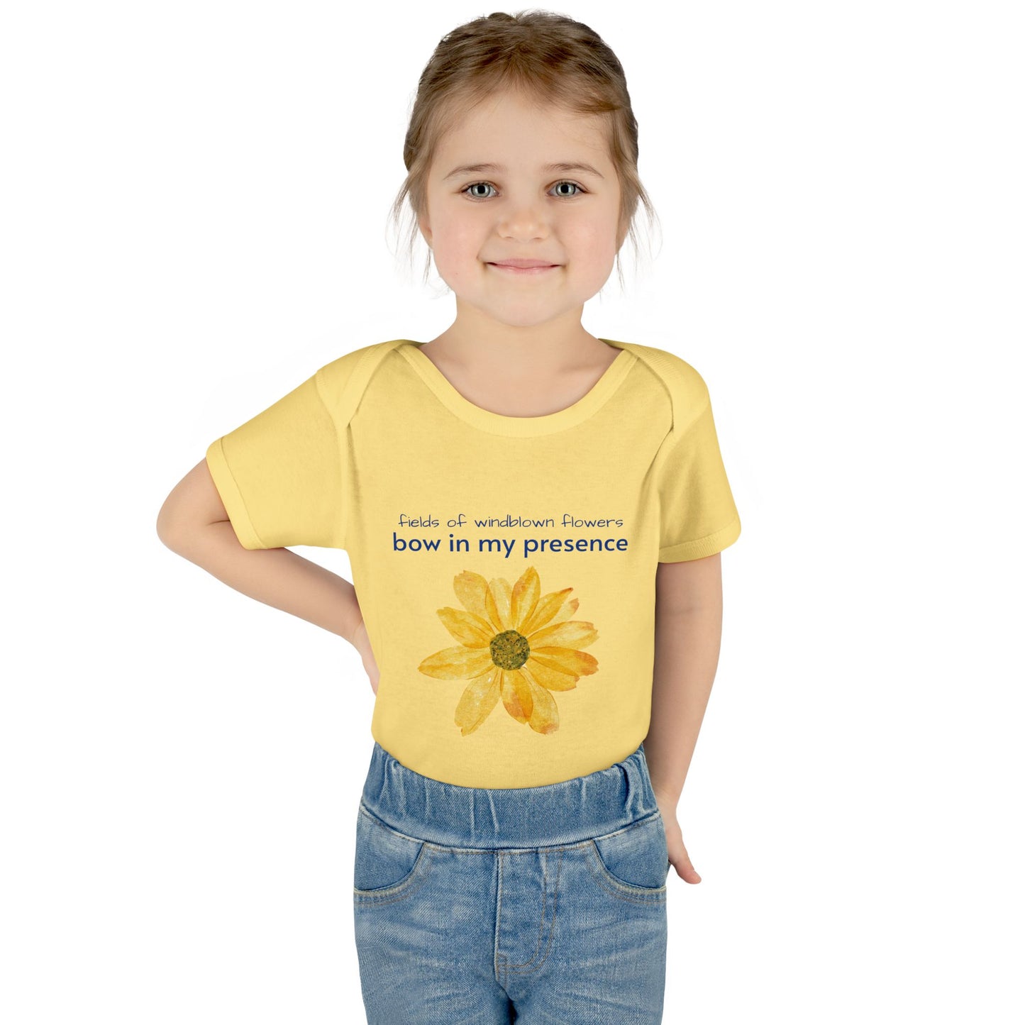 Personalizable Inner Neck Label "Bow In My Presence" Baby Bodysuit with Sunflower adornment by Victoria & Co.