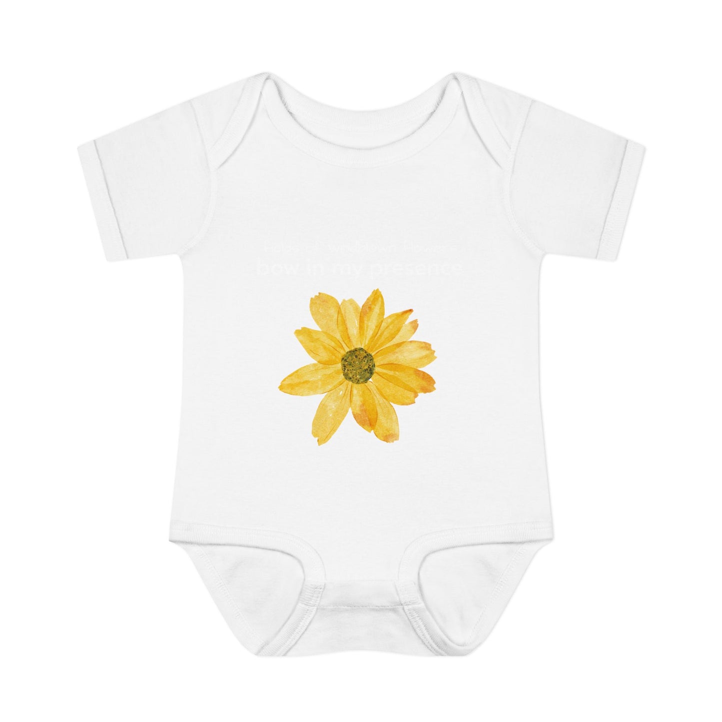 Personalizable Inner Neck Label "Bow In My Presence" Baby Bodysuit with Sunflower adornment by Victoria & Co.