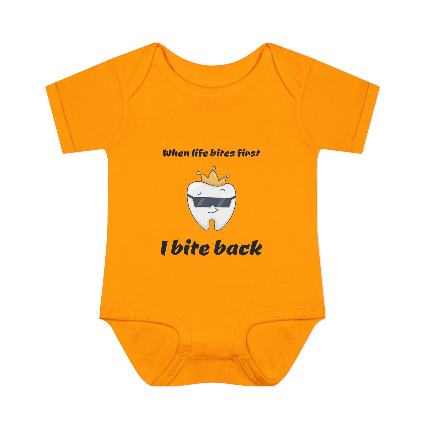 Bite Back Unisex |Personalizable Inner Neck Label Baby Onesie for newborn to 24 mo, 3-Snap Closure for Shower Gift, Victoria & Co Design