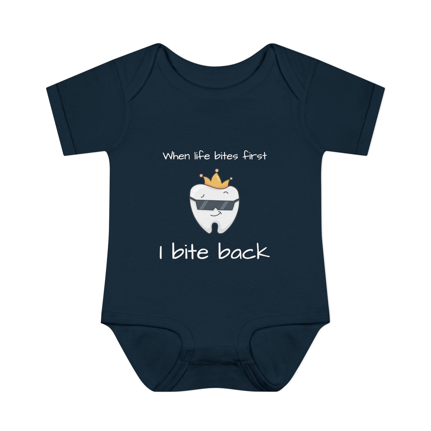 Bite Back Unisex |Personalizable Inner Neck Label Baby Onesie for newborn to 24 mo, 3-Snap Closure for Shower Gift, Victoria & Co Design