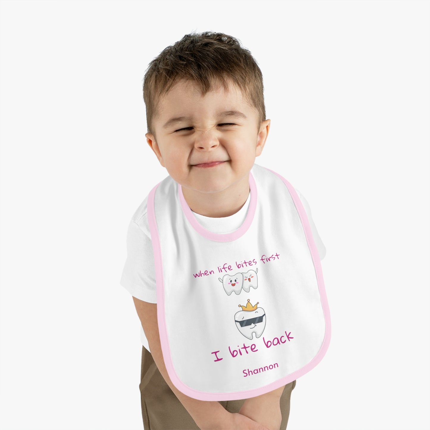 Personalizable Bite-Back Baby Bib, Contrast Trim, Velcro Closure, Soft Cotton, Mealtime Essential, Baby Shower Gift, Infant