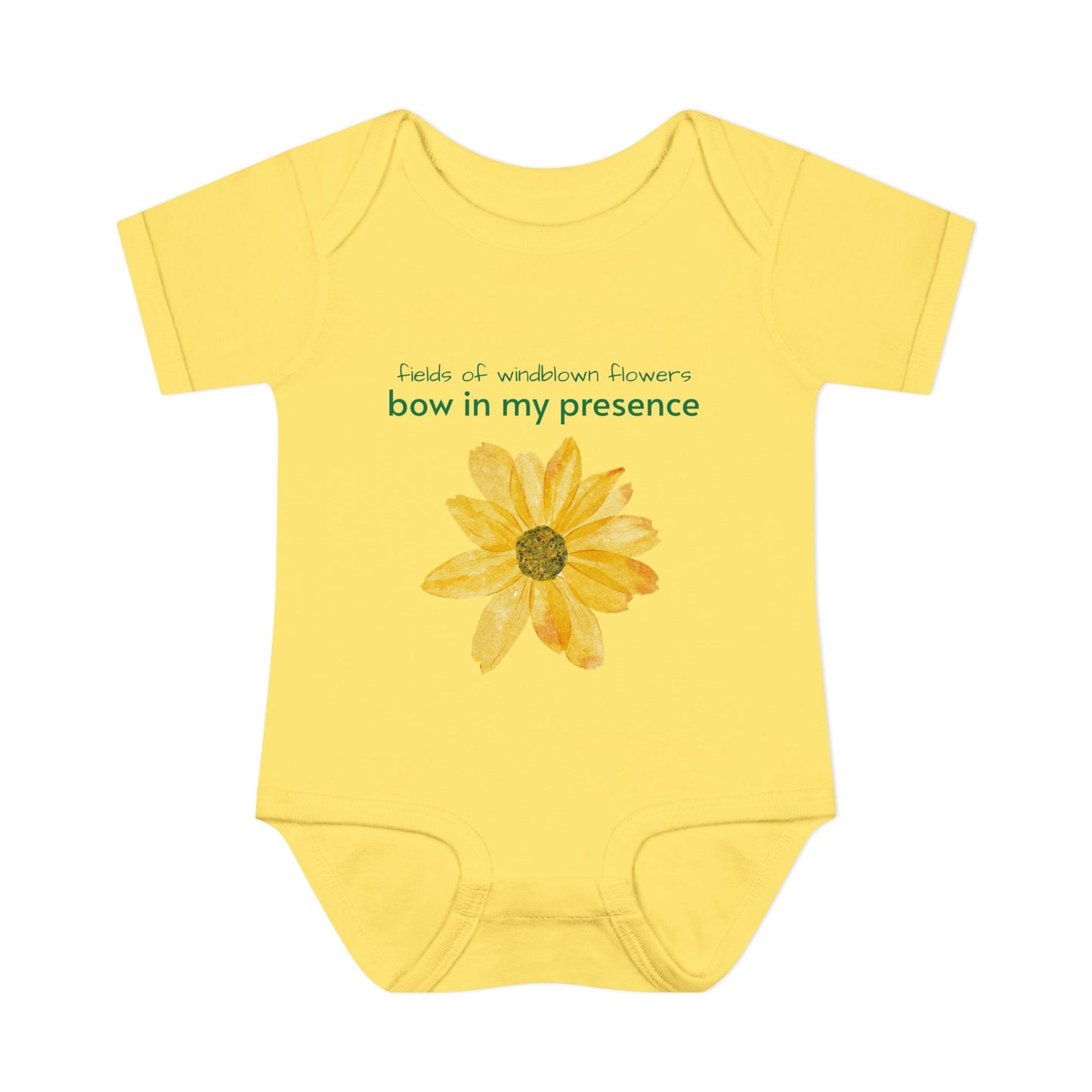 Personalizable Inner Neck Label "Bow In My Presence" Baby Bodysuit with Sunflower adornment by Victoria & Co.