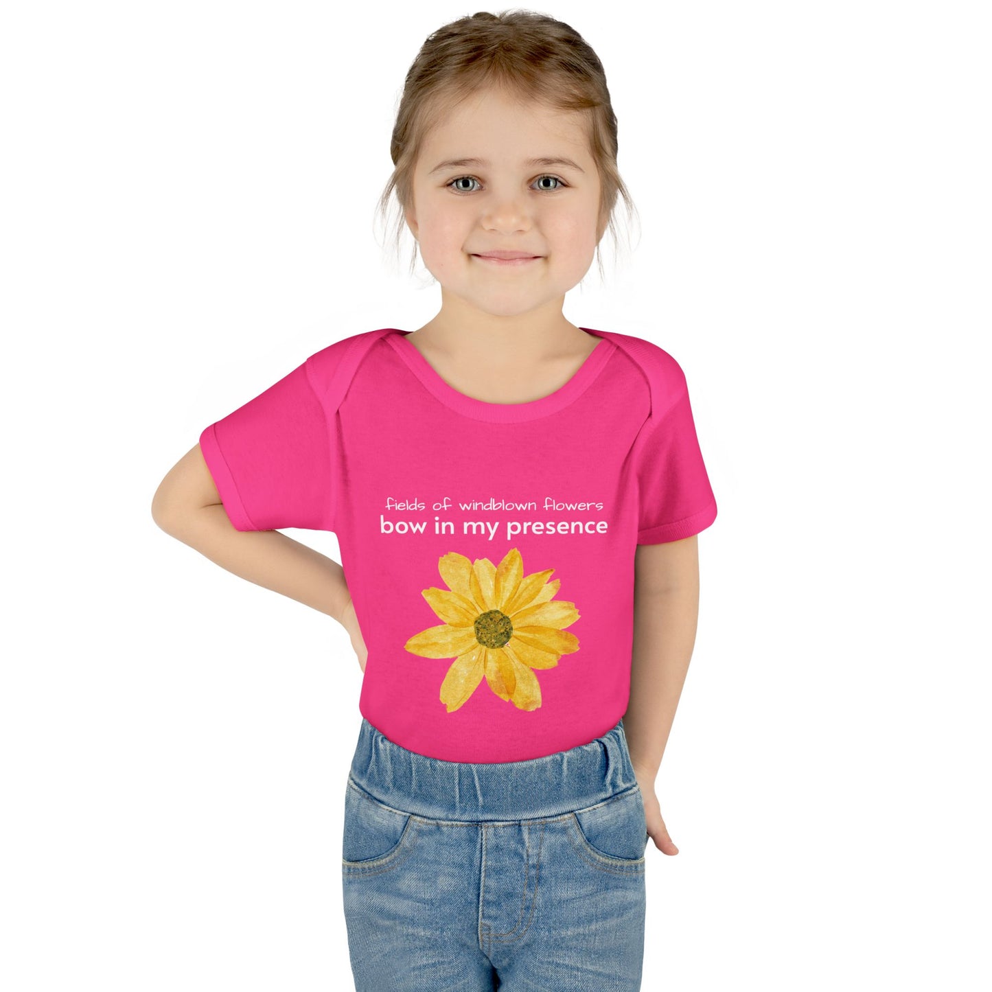 Personalizable Inner Neck Label "Bow In My Presence" Baby Bodysuit with Sunflower adornment by Victoria & Co.
