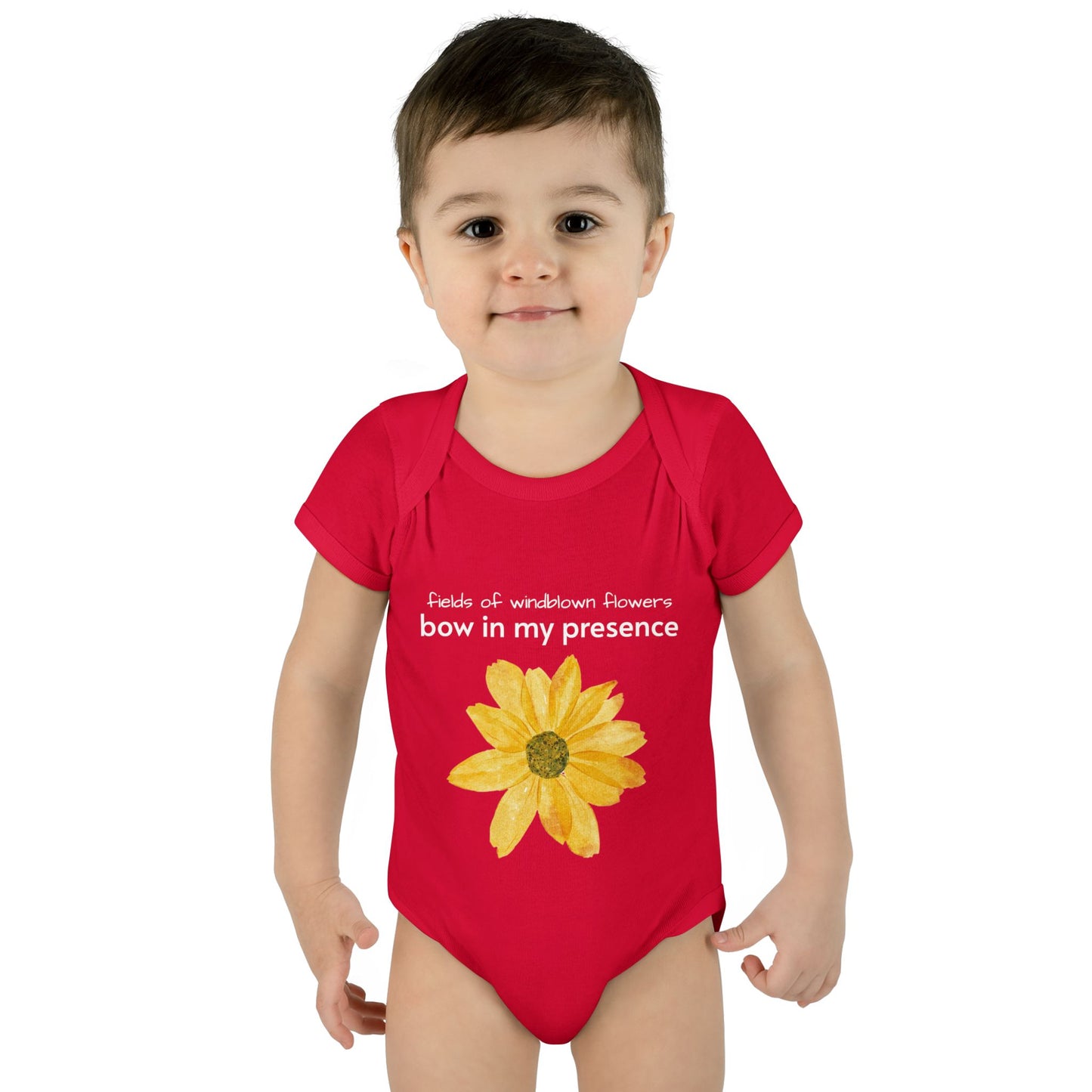 Personalizable Inner Neck Label "Bow In My Presence" Baby Bodysuit with Sunflower adornment by Victoria & Co.