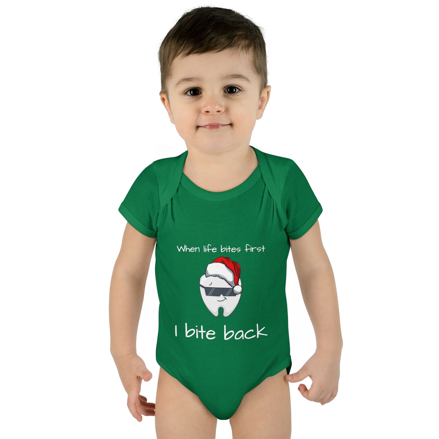 Bite Back Unisex |Personalizable Inner Neck Label Baby Onesie for newborn to 24 mo, 3-Snap Closure for Shower Gift, Victoria & Co Design