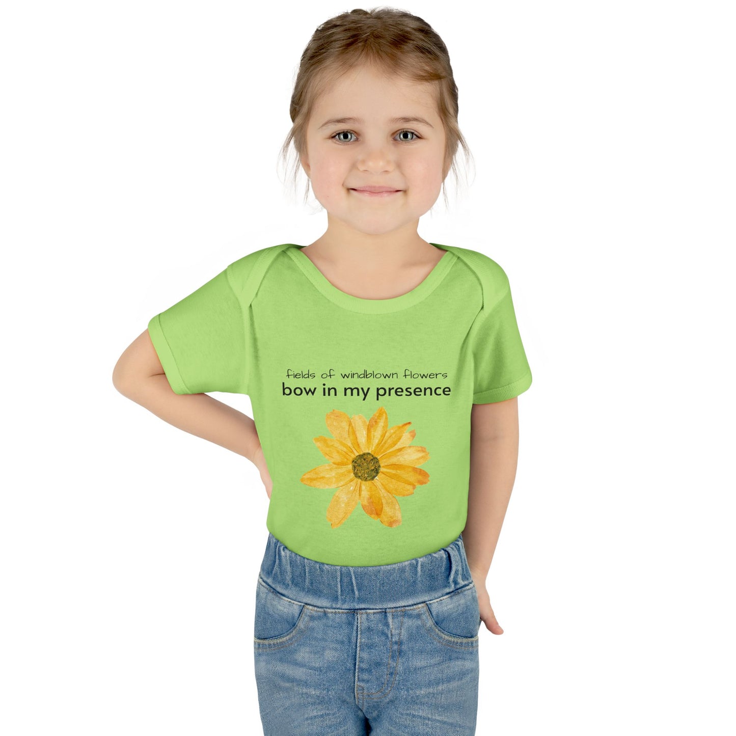 Personalizable Inner Neck Label "Bow In My Presence" Baby Bodysuit with Sunflower adornment by Victoria & Co.