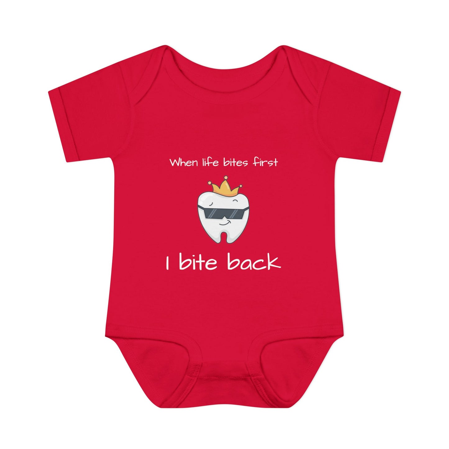 Bite Back Unisex |Personalizable Inner Neck Label Baby Onesie for newborn to 24 mo, 3-Snap Closure for Shower Gift, Victoria & Co Design