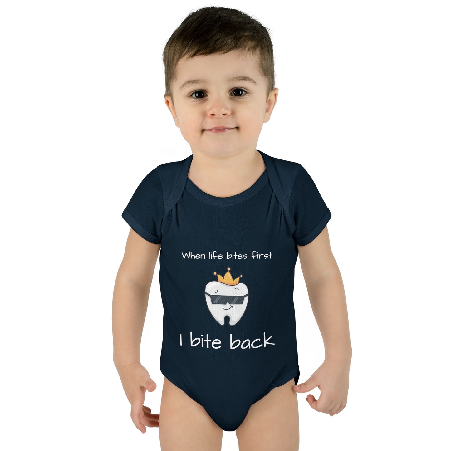 Bite Back Unisex |Personalizable Inner Neck Label Baby Onesie for newborn to 24 mo, 3-Snap Closure for Shower Gift, Victoria & Co Design