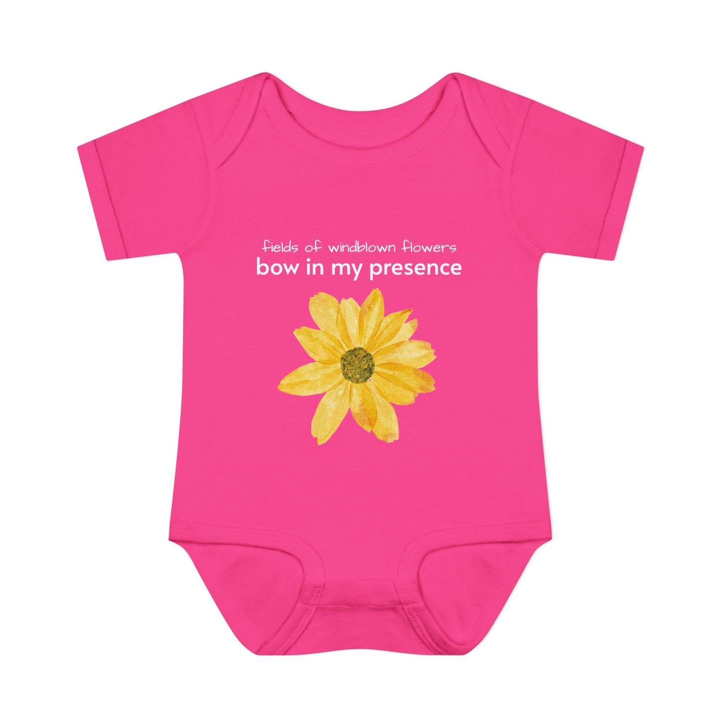 Personalizable Inner Neck Label "Bow In My Presence" Baby Bodysuit with Sunflower adornment by Victoria & Co.