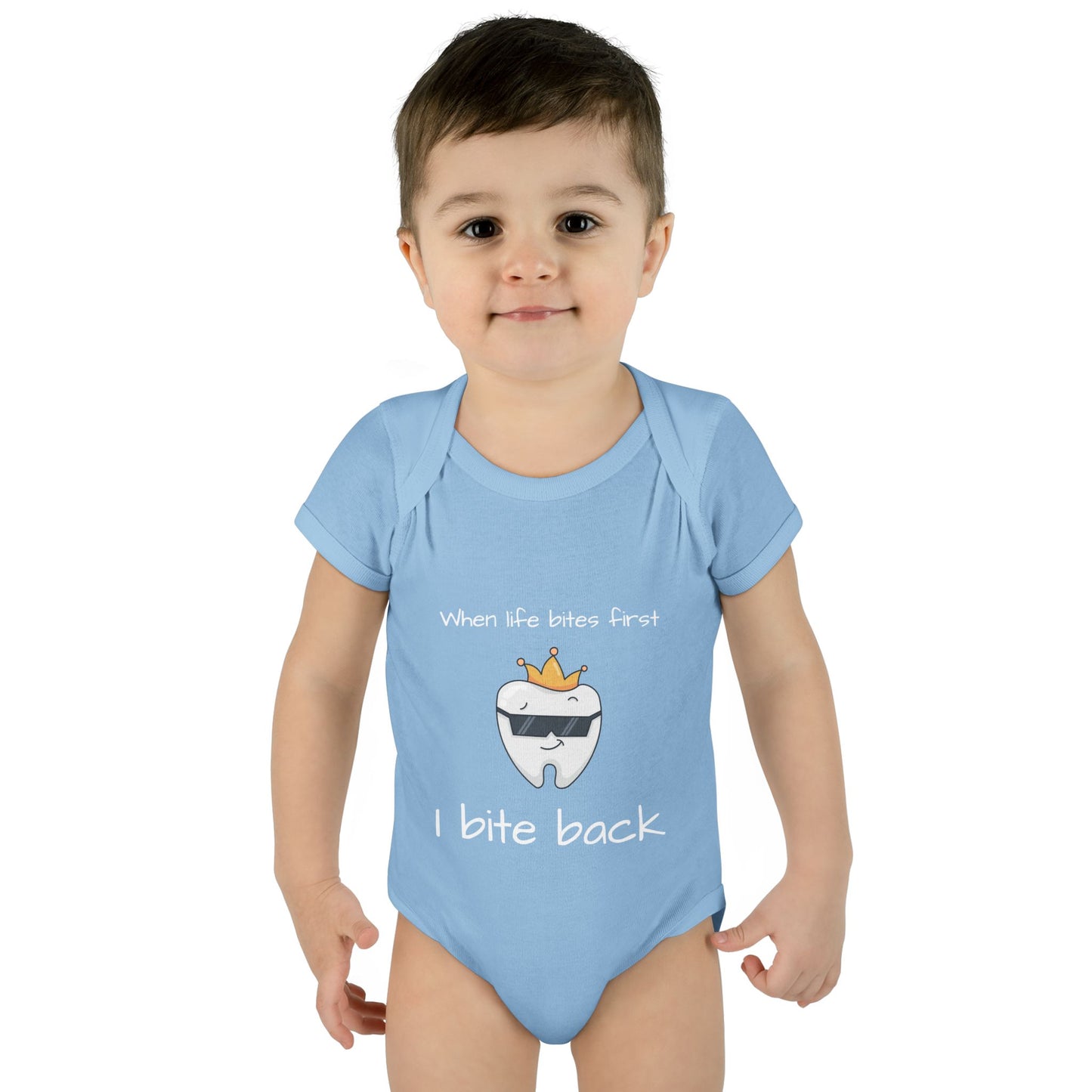 Bite Back Unisex |Personalizable Inner Neck Label Baby Onesie for newborn to 24 mo, 3-Snap Closure for Shower Gift, Victoria & Co Design
