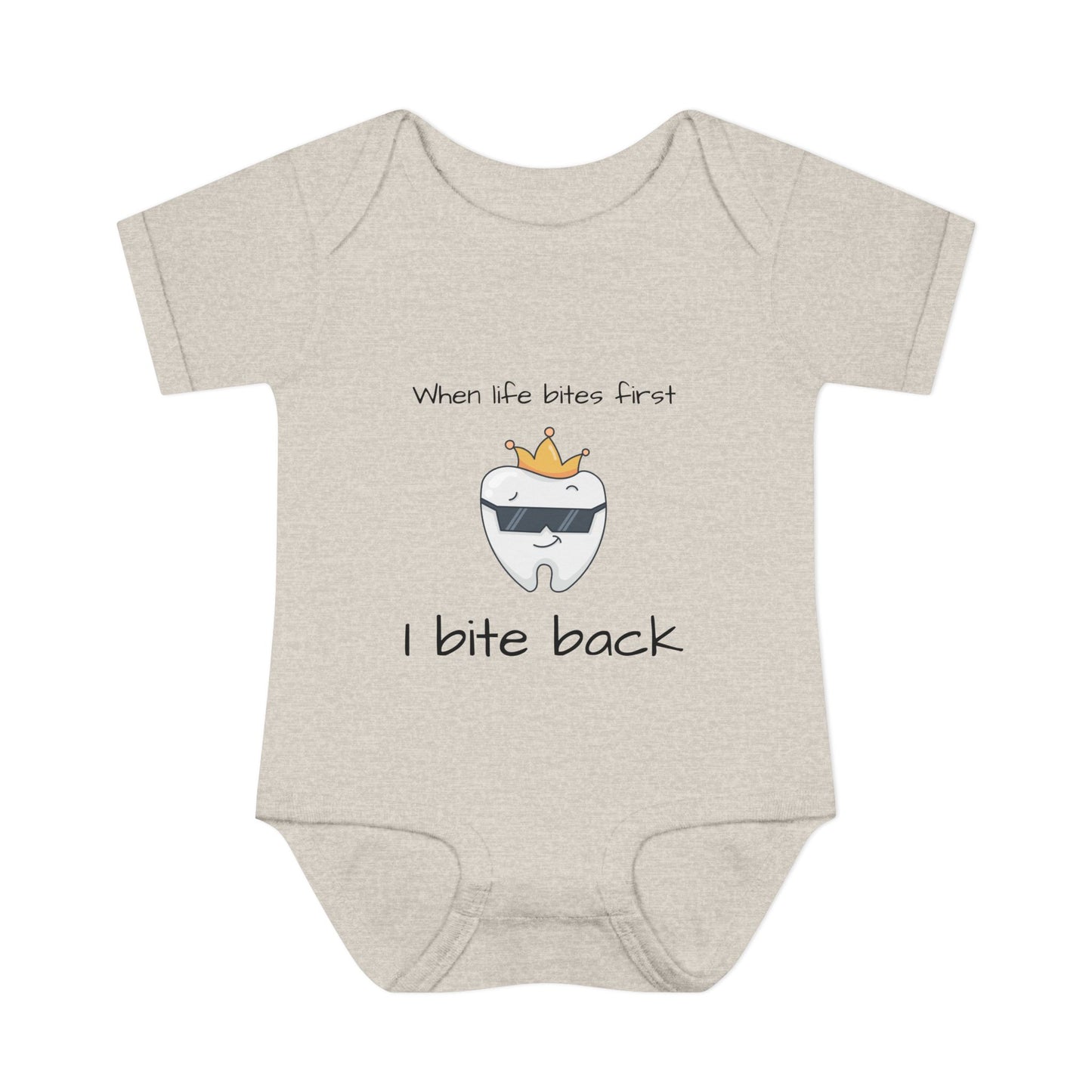 Bite Back Unisex |Personalizable Inner Neck Label Baby Onesie for newborn to 24 mo, 3-Snap Closure for Shower Gift, Victoria & Co Design