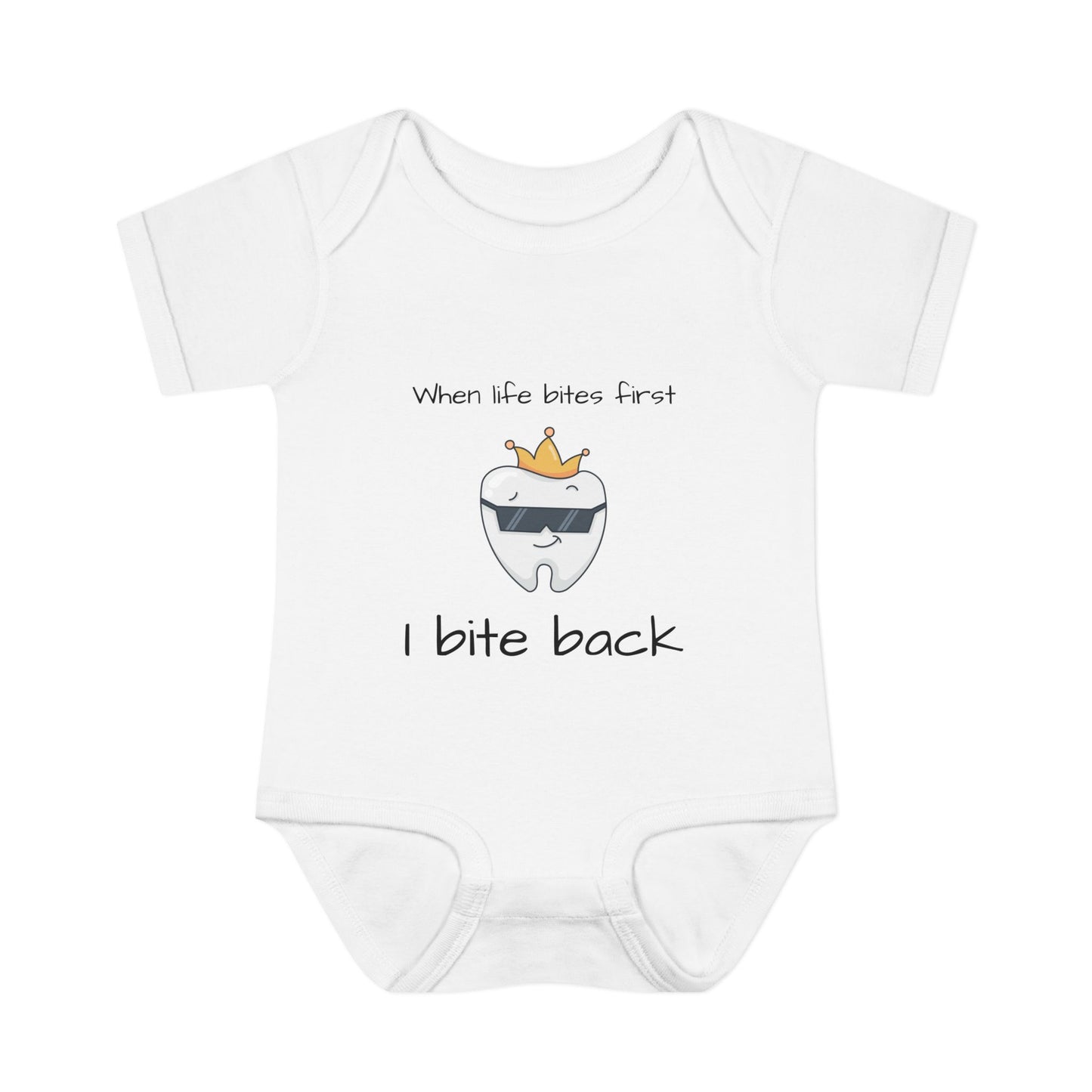 Bite Back Unisex |Personalizable Inner Neck Label Baby Onesie for newborn to 24 mo, 3-Snap Closure for Shower Gift, Victoria & Co Design