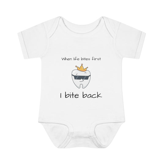 Bite Back Unisex |Personalizable Inner Neck Label Baby Onesie for newborn to 24 mo, 3-Snap Closure for Shower Gift, Victoria & Co Design