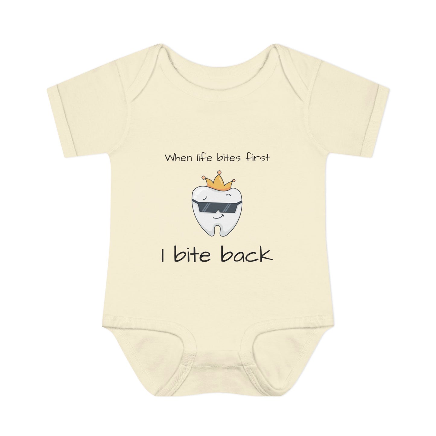 Bite Back Unisex |Personalizable Inner Neck Label Baby Onesie for newborn to 24 mo, 3-Snap Closure for Shower Gift, Victoria & Co Design