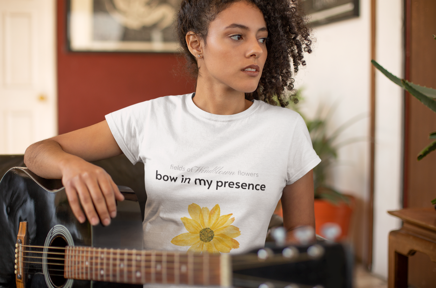Women's Sassy Bow In My Presence Softstyle Tee adorned with a sunflower by Victoria & Co.