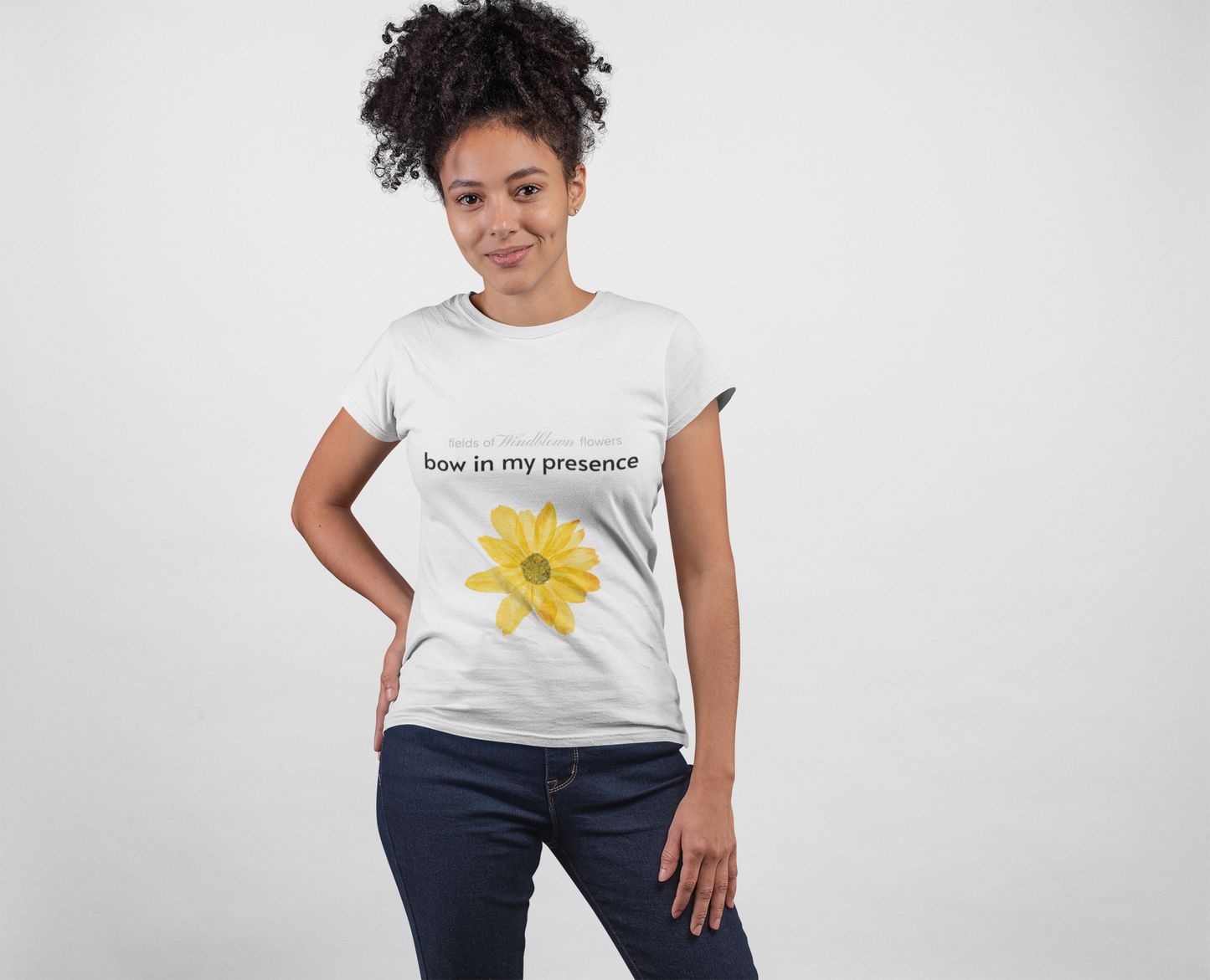 Women's Sassy Bow In My Presence Softstyle Tee adorned with a sunflower by Victoria & Co.