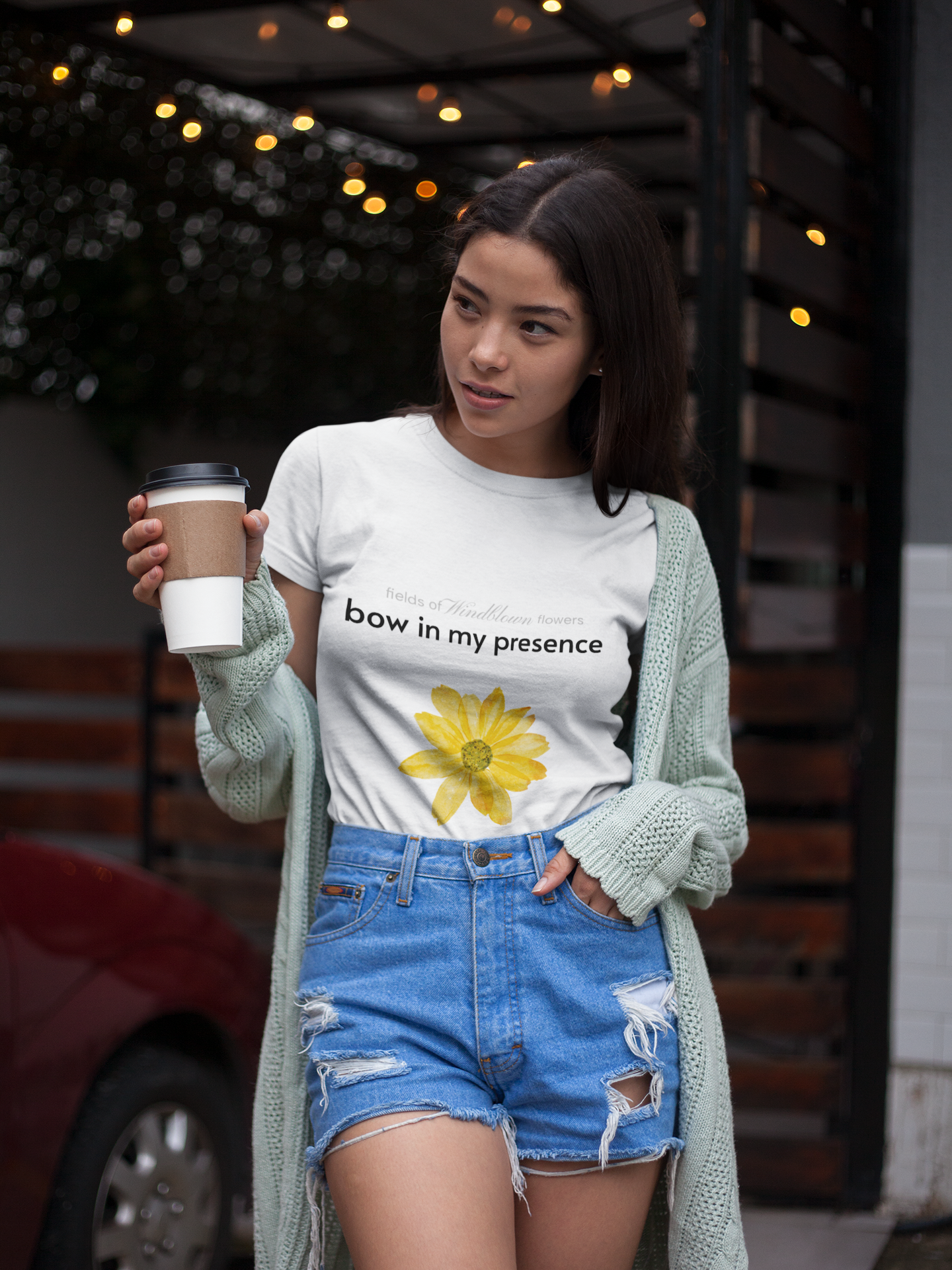 Women's Sassy Bow In My Presence Softstyle Tee adorned with a sunflower by Victoria & Co.