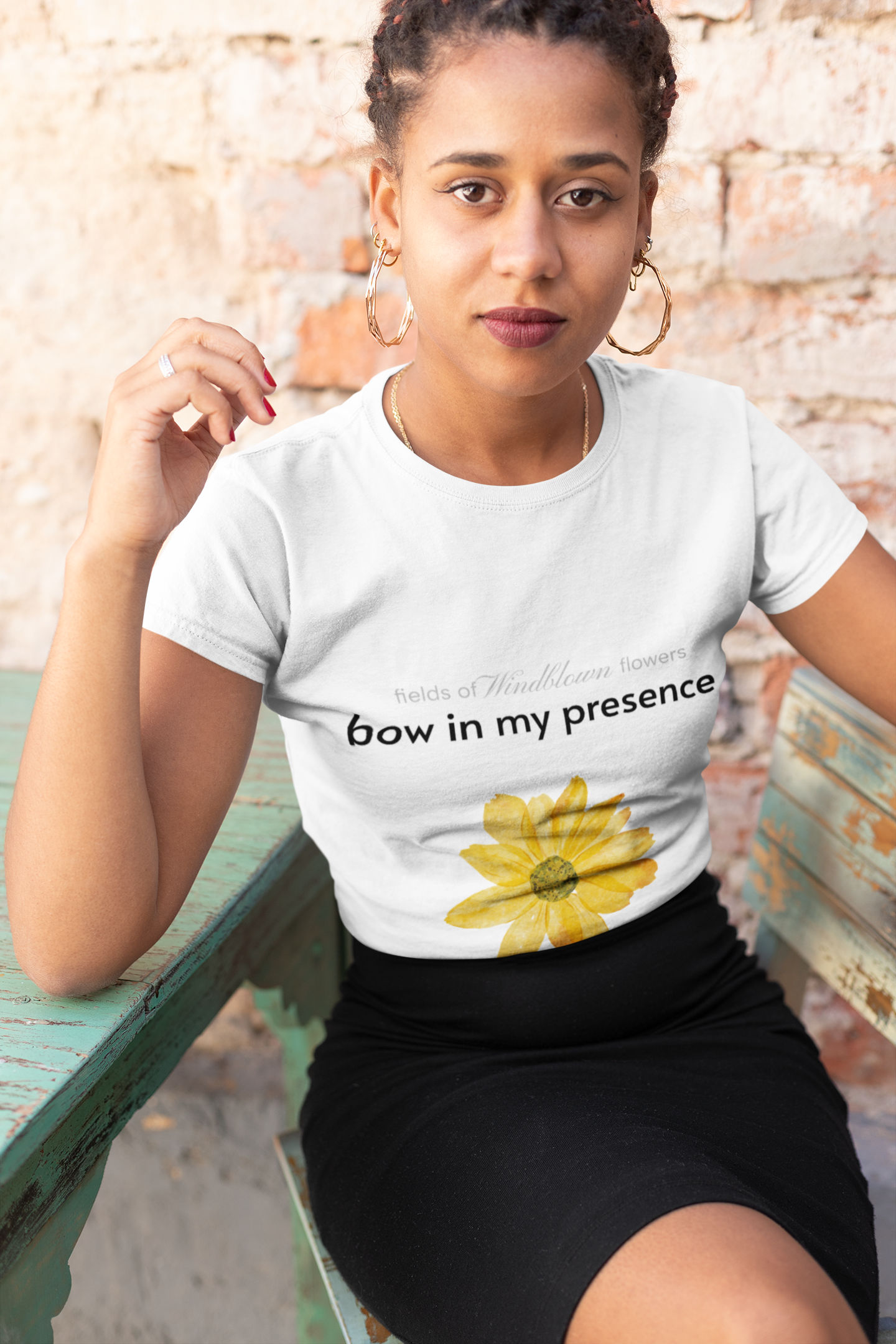 Women's Sassy Bow In My Presence Softstyle Tee adorned with a sunflower by Victoria & Co.