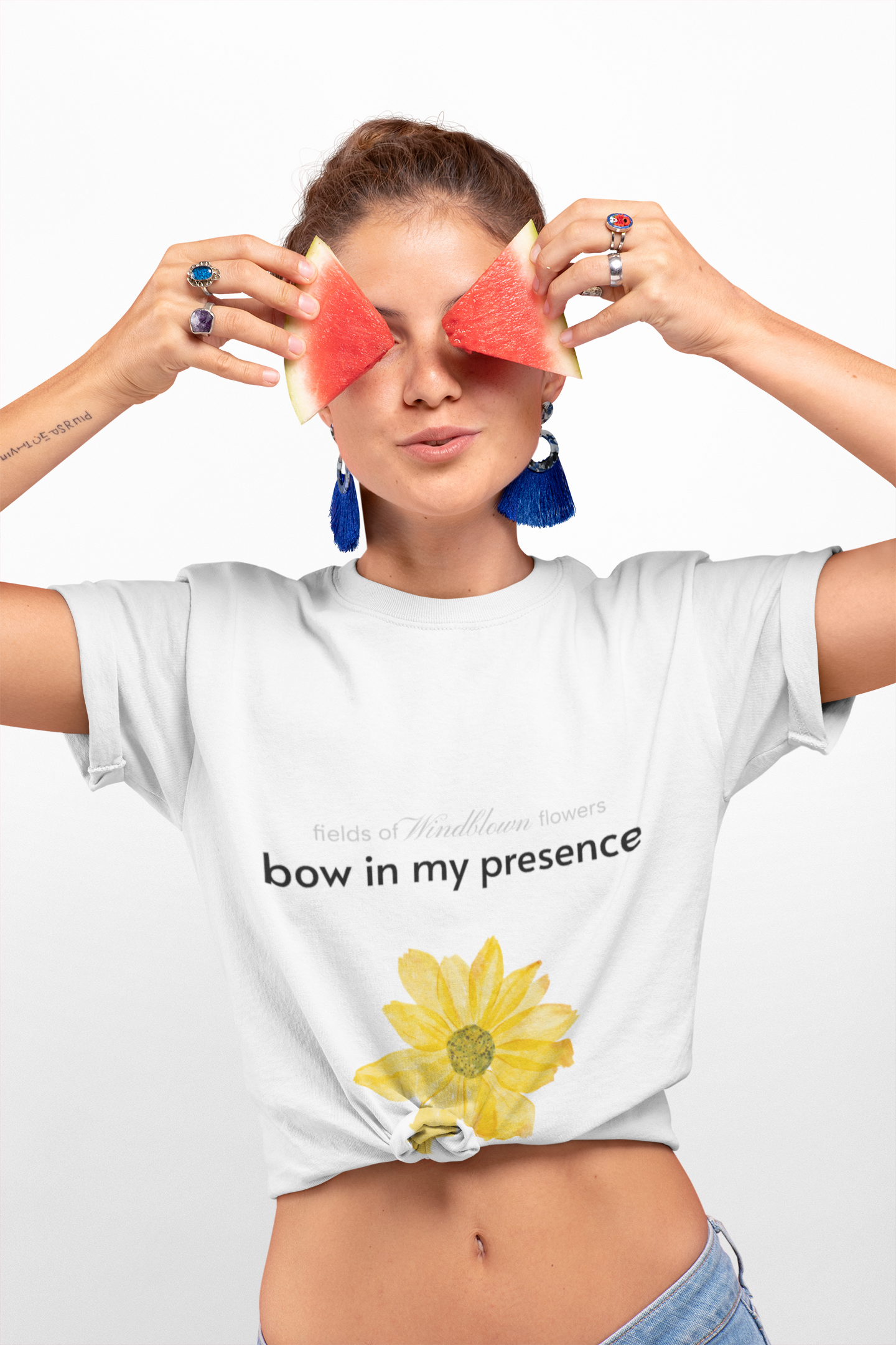 Women's Sassy Bow In My Presence Softstyle Tee adorned with a sunflower by Victoria & Co.