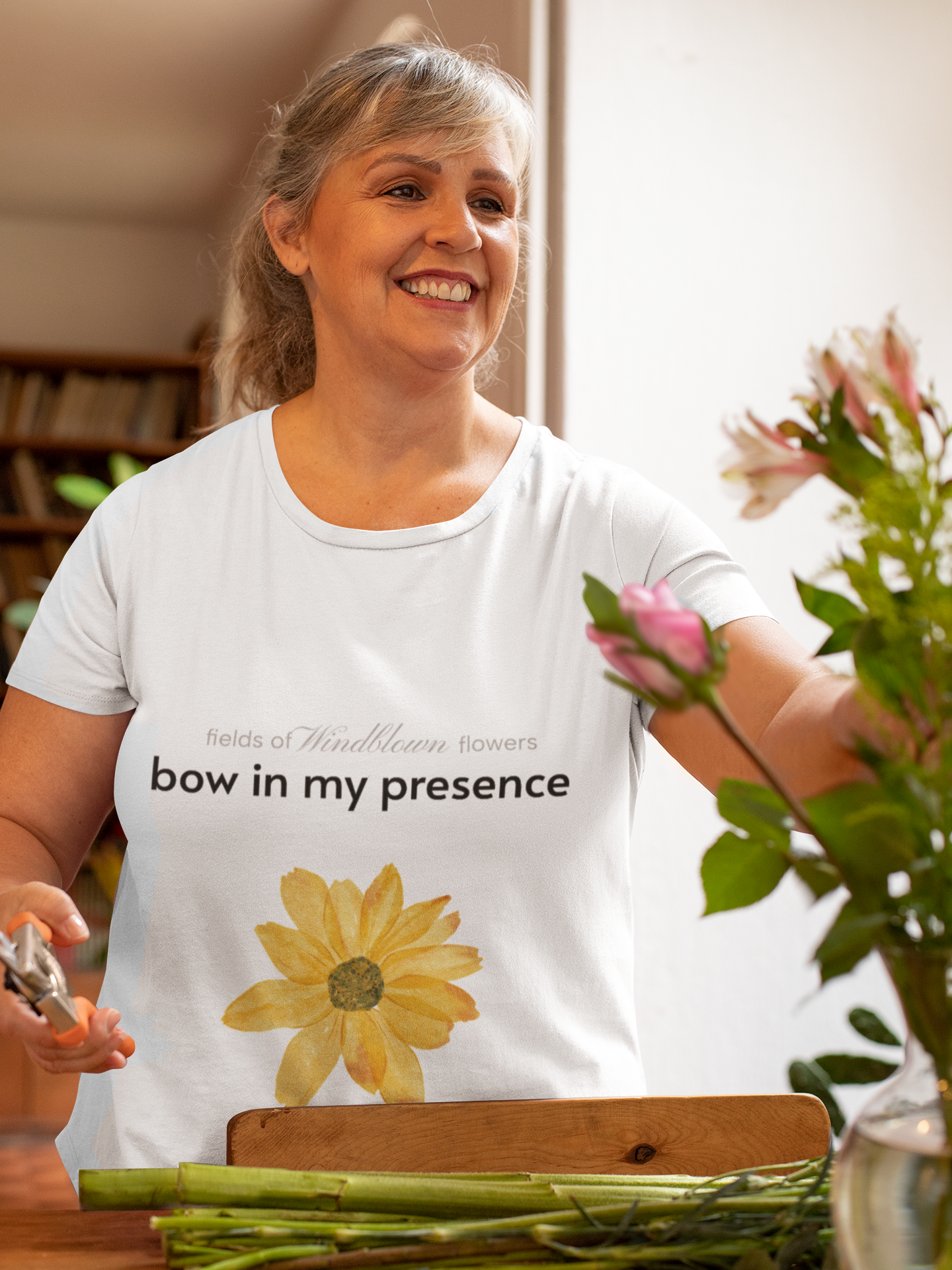 Women's Sassy Bow In My Presence Softstyle Tee adorned with a sunflower by Victoria & Co.