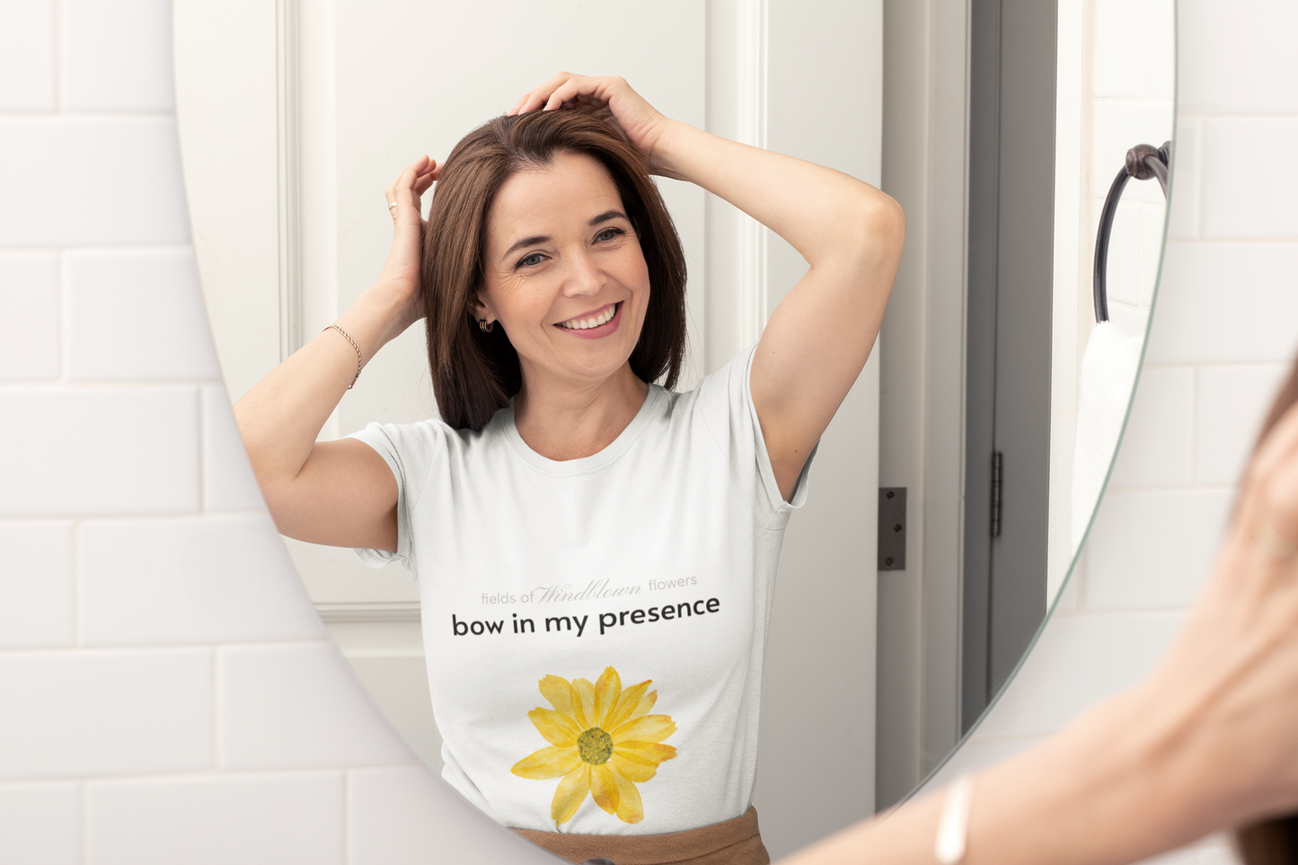 Women's Sassy Bow In My Presence Softstyle Tee adorned with a sunflower by Victoria & Co.