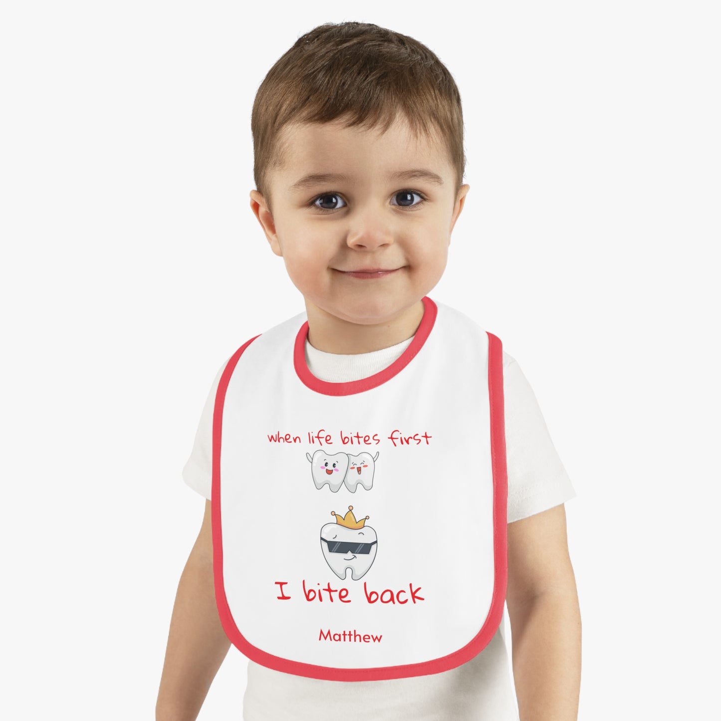 Personalizable Bite-Back Baby Bib, Contrast Trim, Velcro Closure, Soft Cotton, Mealtime Essential, Baby Shower Gift, Infant