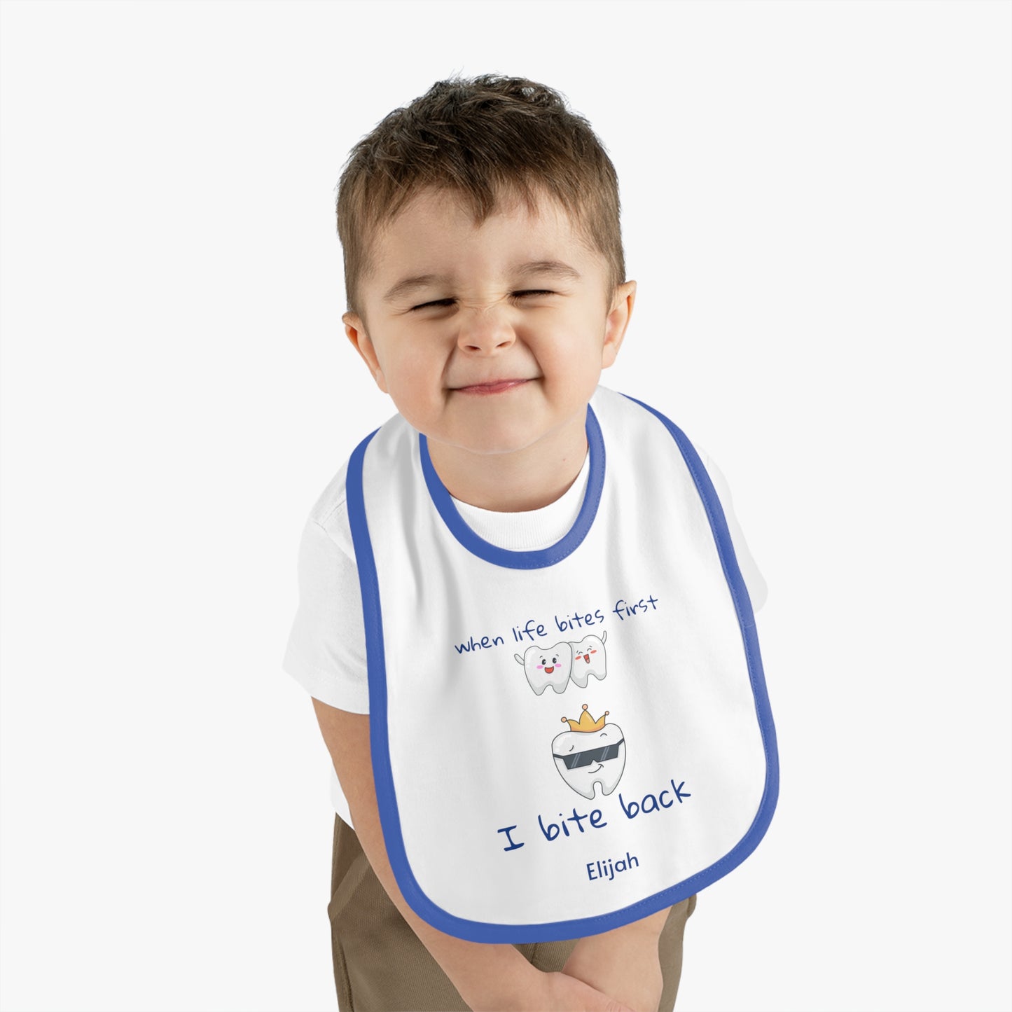 Personalizable Bite-Back Baby Bib, Contrast Trim, Velcro Closure, Soft Cotton, Mealtime Essential, Baby Shower Gift, Infant
