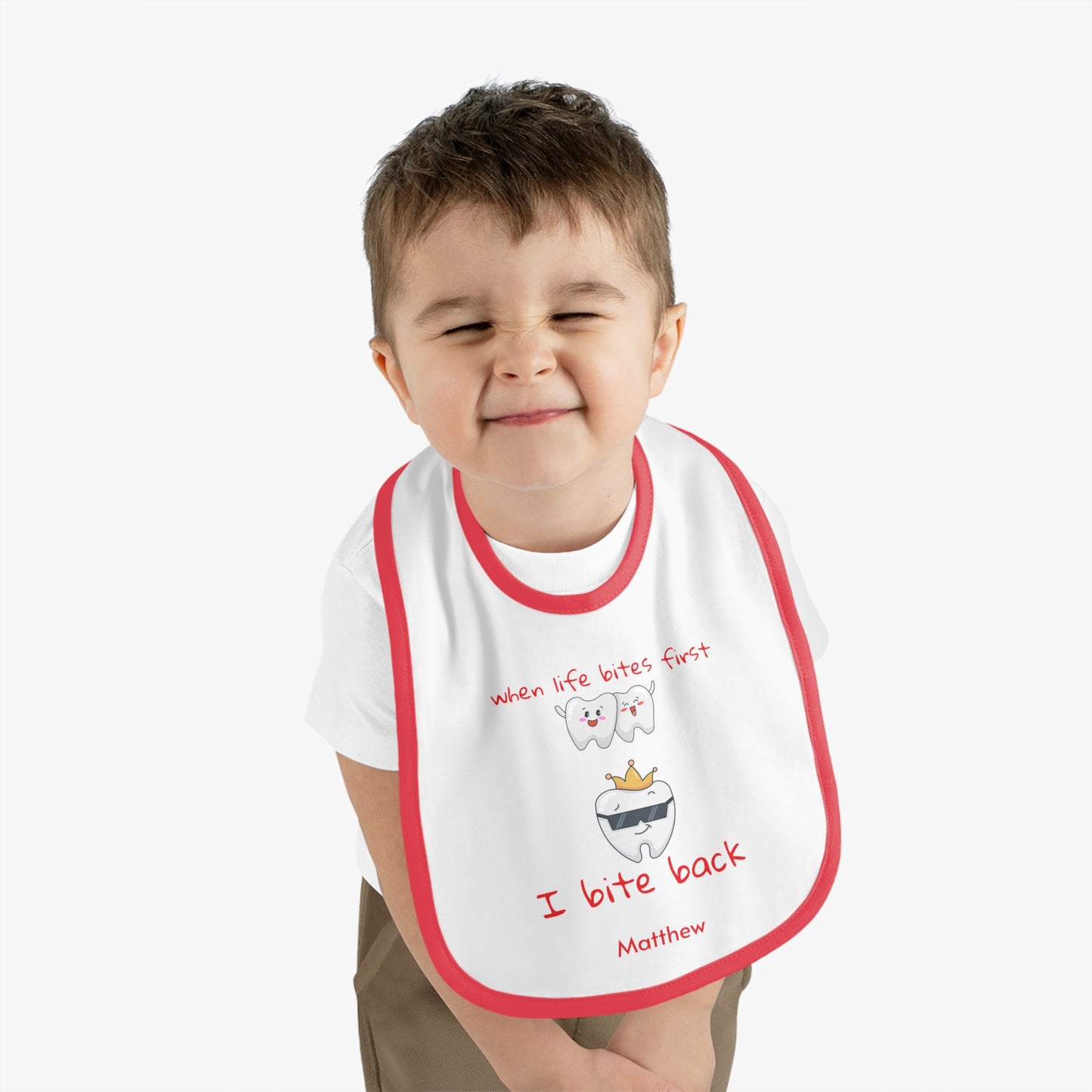 Personalizable Bite-Back Baby Bib, Contrast Trim, Velcro Closure, Soft Cotton, Mealtime Essential, Baby Shower Gift, Infant