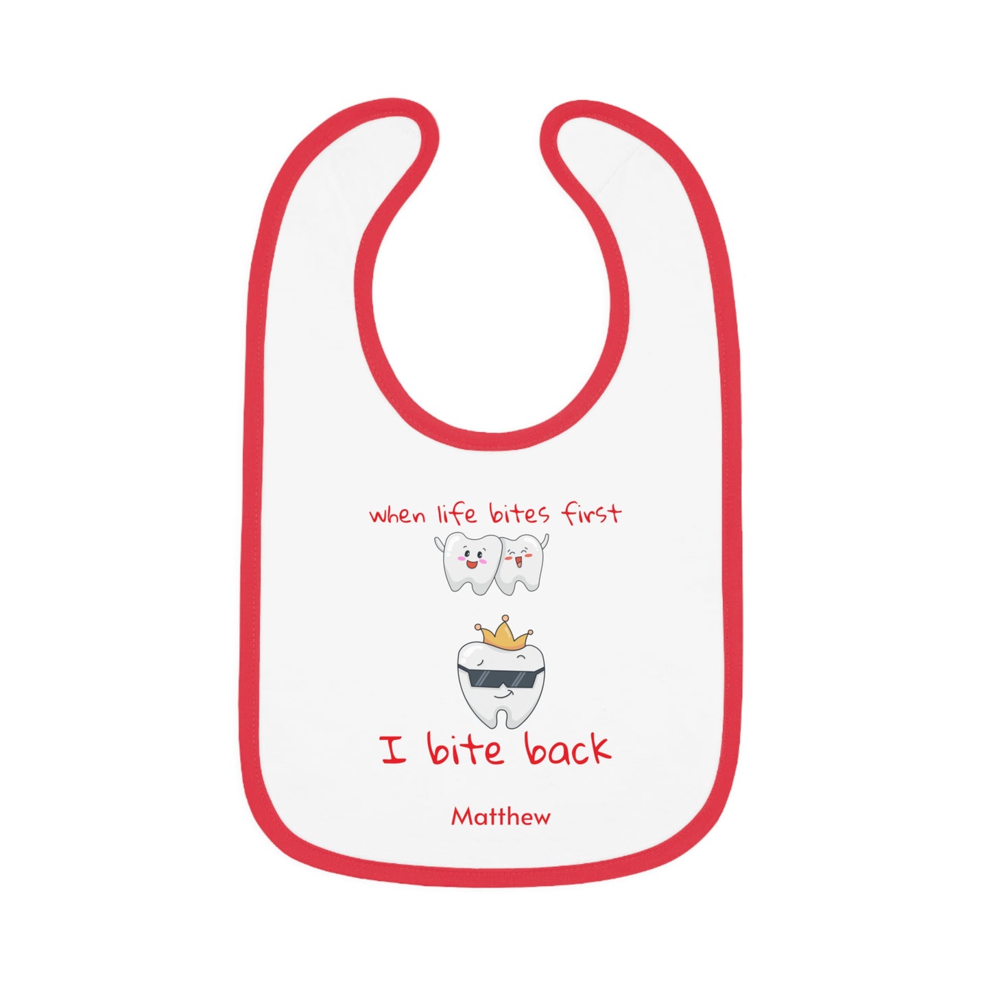 Personalizable Bite-Back Baby Bib, Contrast Trim, Velcro Closure, Soft Cotton, Mealtime Essential, Baby Shower Gift, Infant