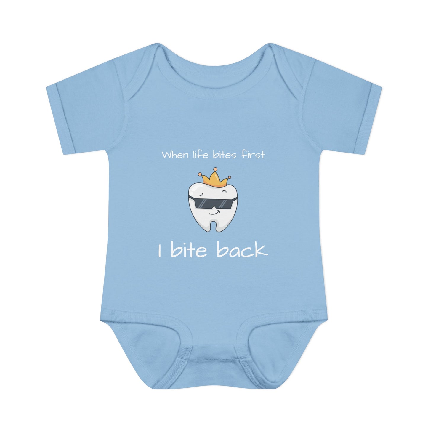 Bite Back Unisex |Personalizable Inner Neck Label Baby Onesie for newborn to 24 mo, 3-Snap Closure for Shower Gift, Victoria & Co Design