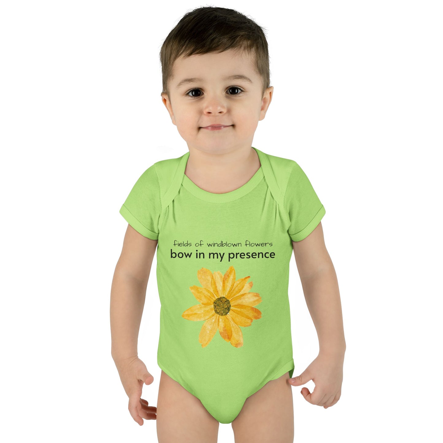 Personalizable Inner Neck Label "Bow In My Presence" Baby Bodysuit with Sunflower adornment by Victoria & Co.