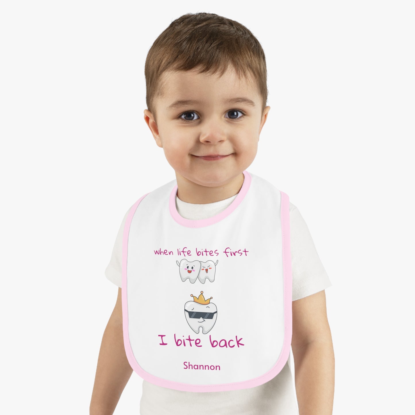 Personalizable Bite-Back Baby Bib, Contrast Trim, Velcro Closure, Soft Cotton, Mealtime Essential, Baby Shower Gift, Infant