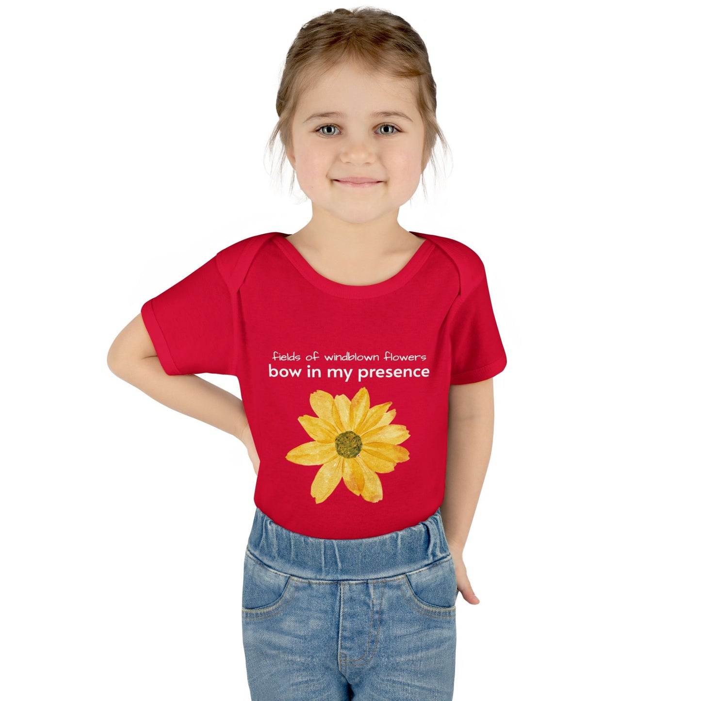 Personalizable Inner Neck Label "Bow In My Presence" Baby Bodysuit with Sunflower adornment by Victoria & Co.