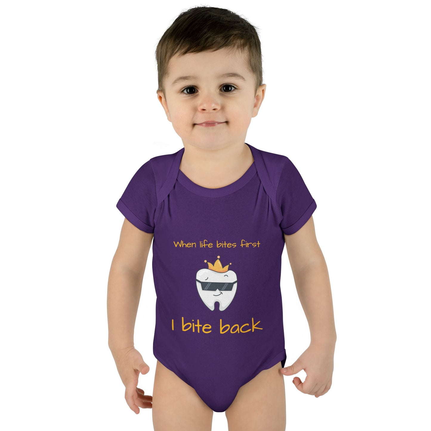 Bite Back Unisex |Personalizable Inner Neck Label Baby Onesie for newborn to 24 mo, 3-Snap Closure for Shower Gift, Victoria & Co Design